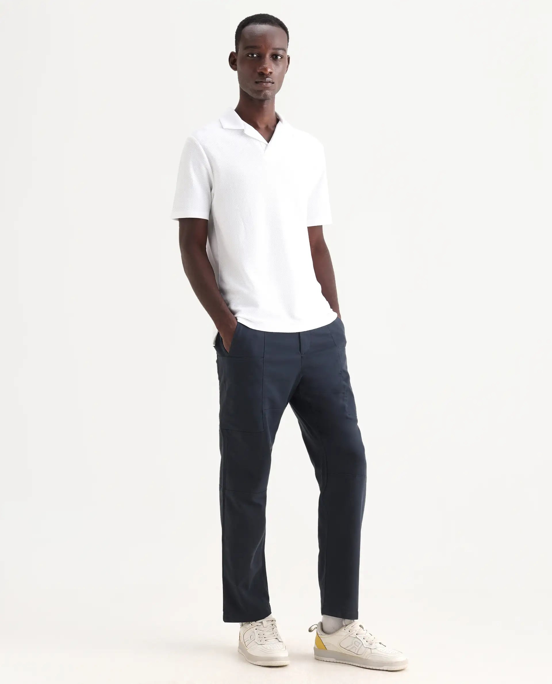 Rare Rabbit Men's Petro Navy Cotton Plain Straight Fit Trouser