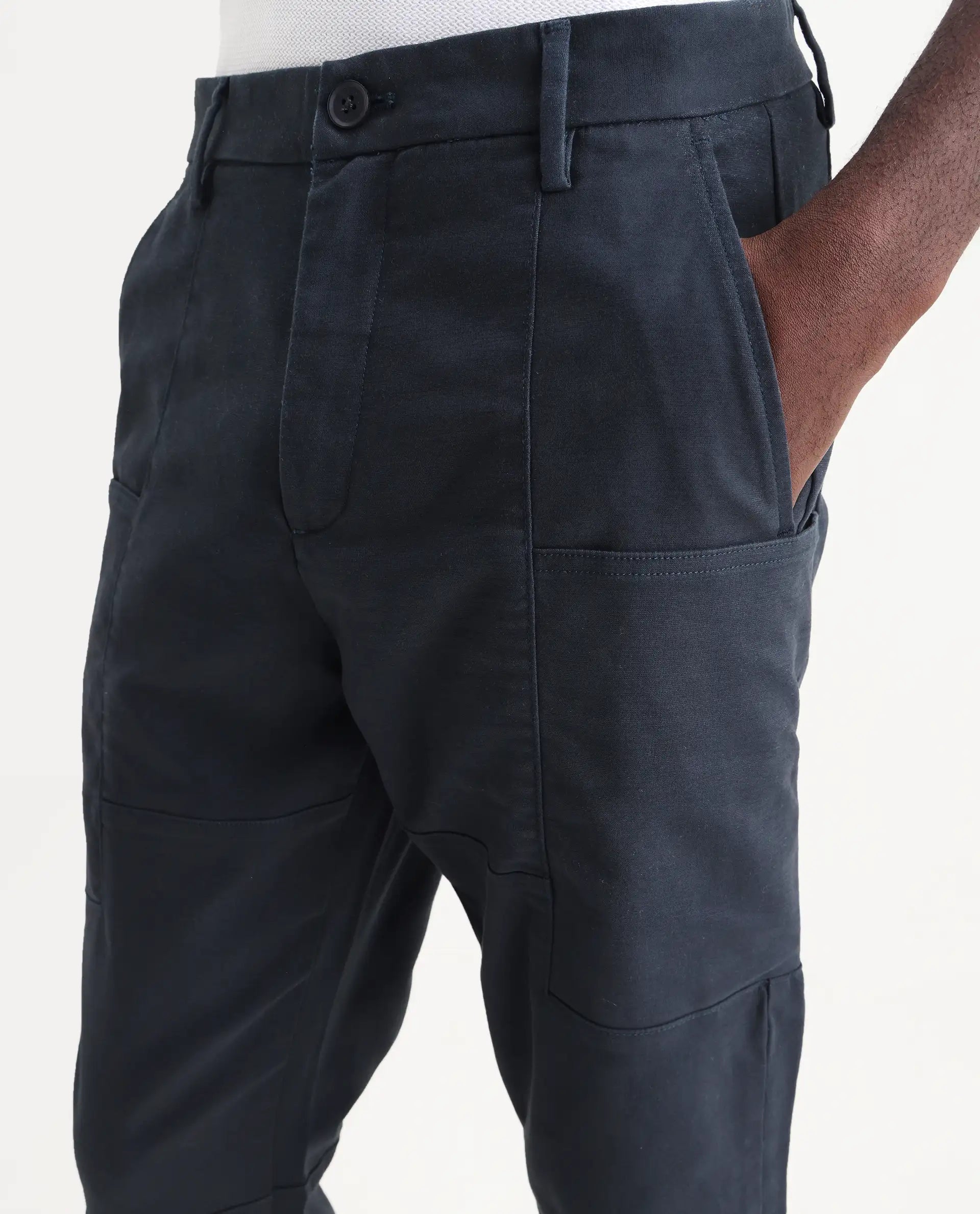 Rare Rabbit Men's Petro Navy Cotton Plain Straight Fit Trouser