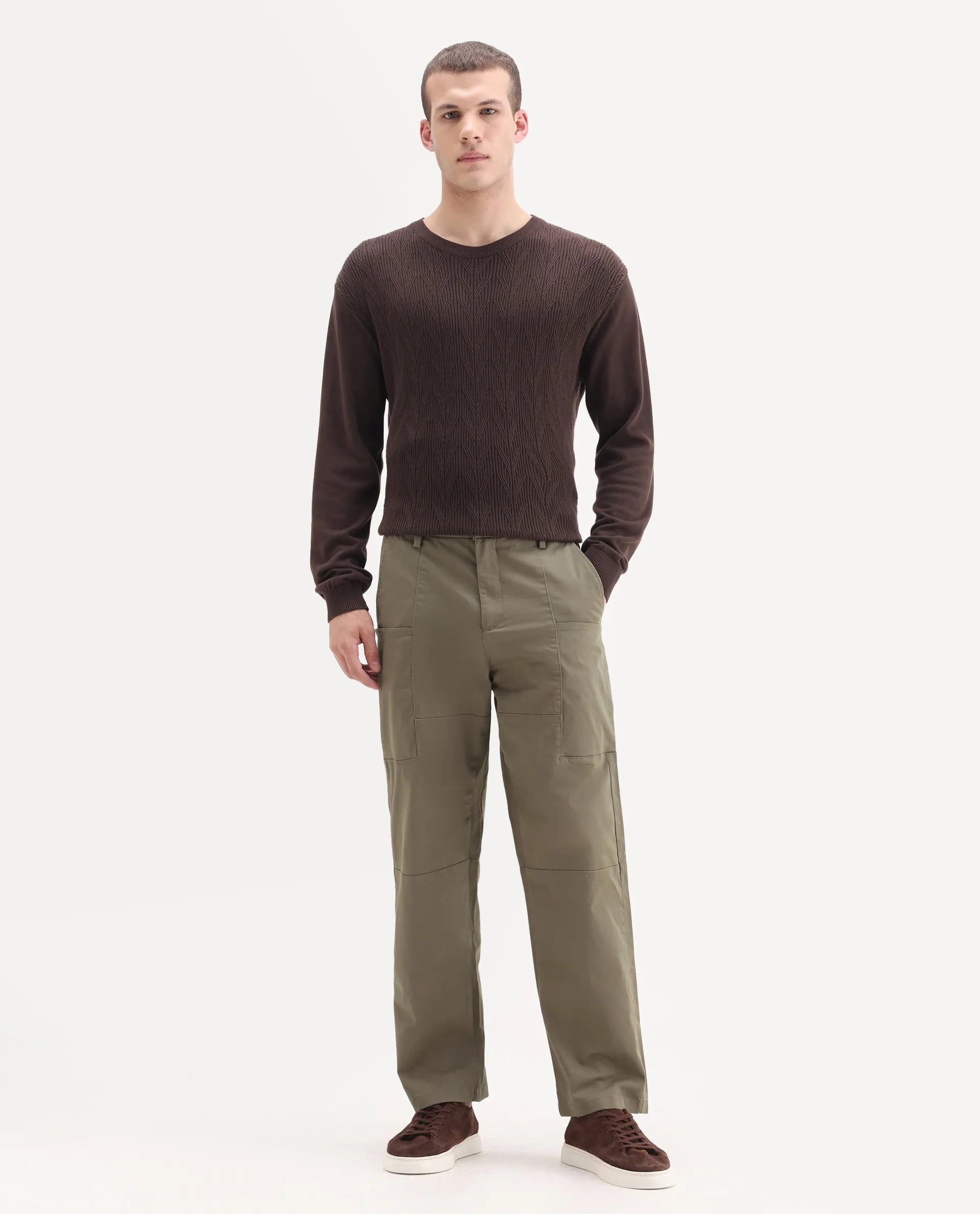 Rare Rabbit Men's Petro Dusky Olive Cotton Plain Straight Fit Trouser