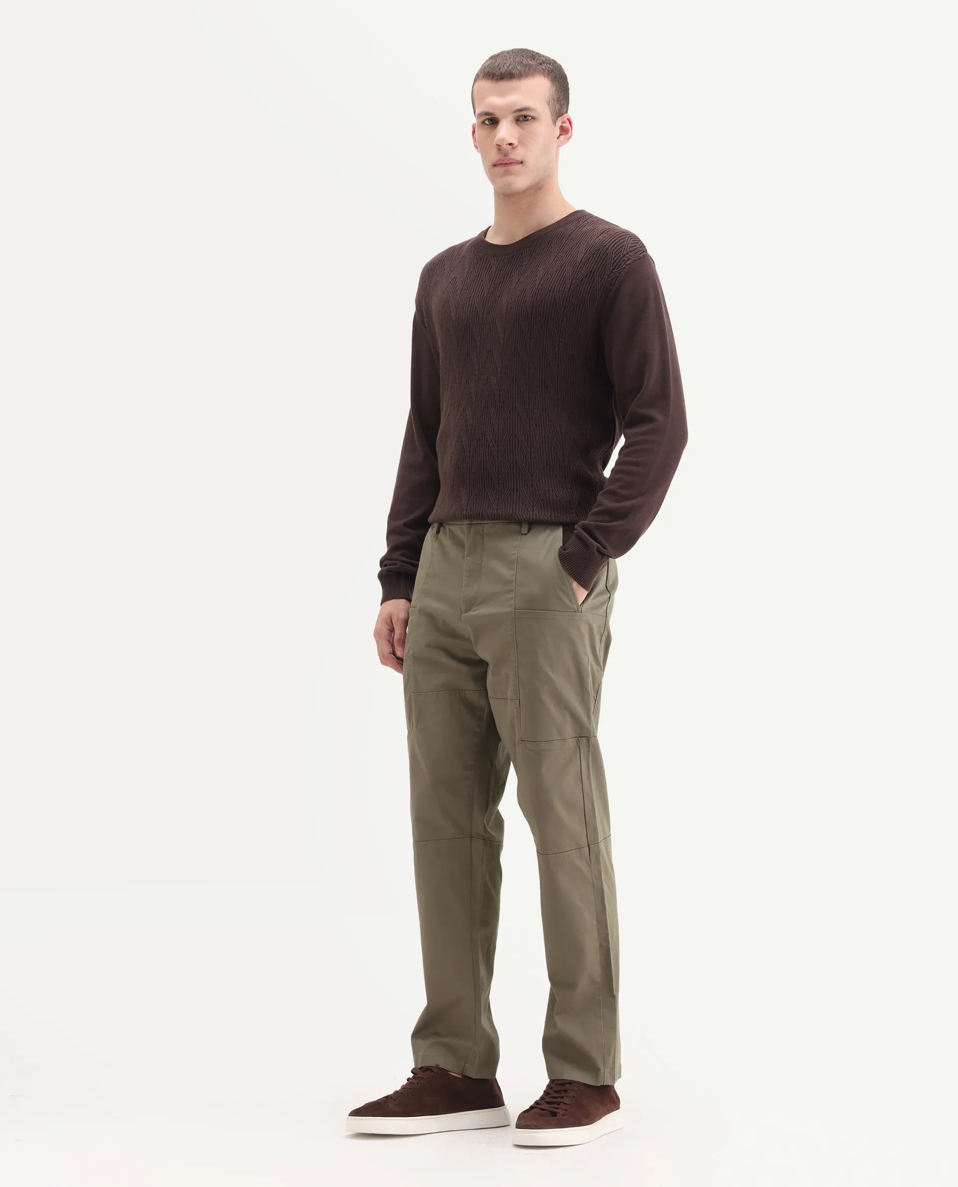 Rare Rabbit Men's Petro Dusky Olive Cotton Plain Straight Fit Trouser