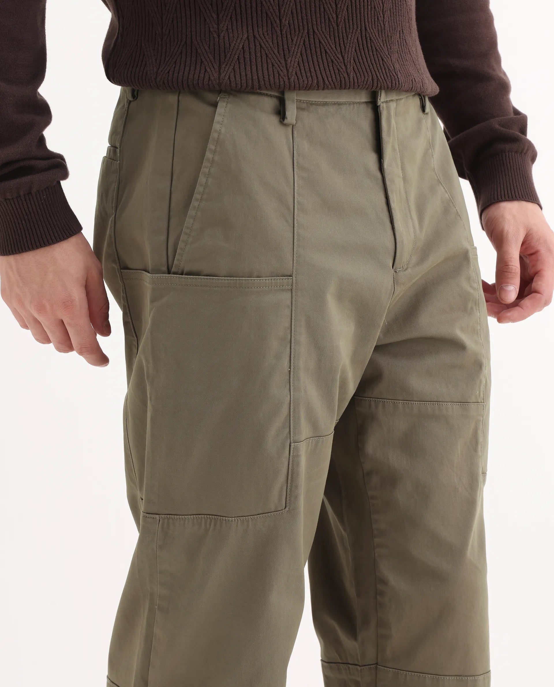 Rare Rabbit Men's Petro Dusky Olive Cotton Plain Straight Fit Trouser