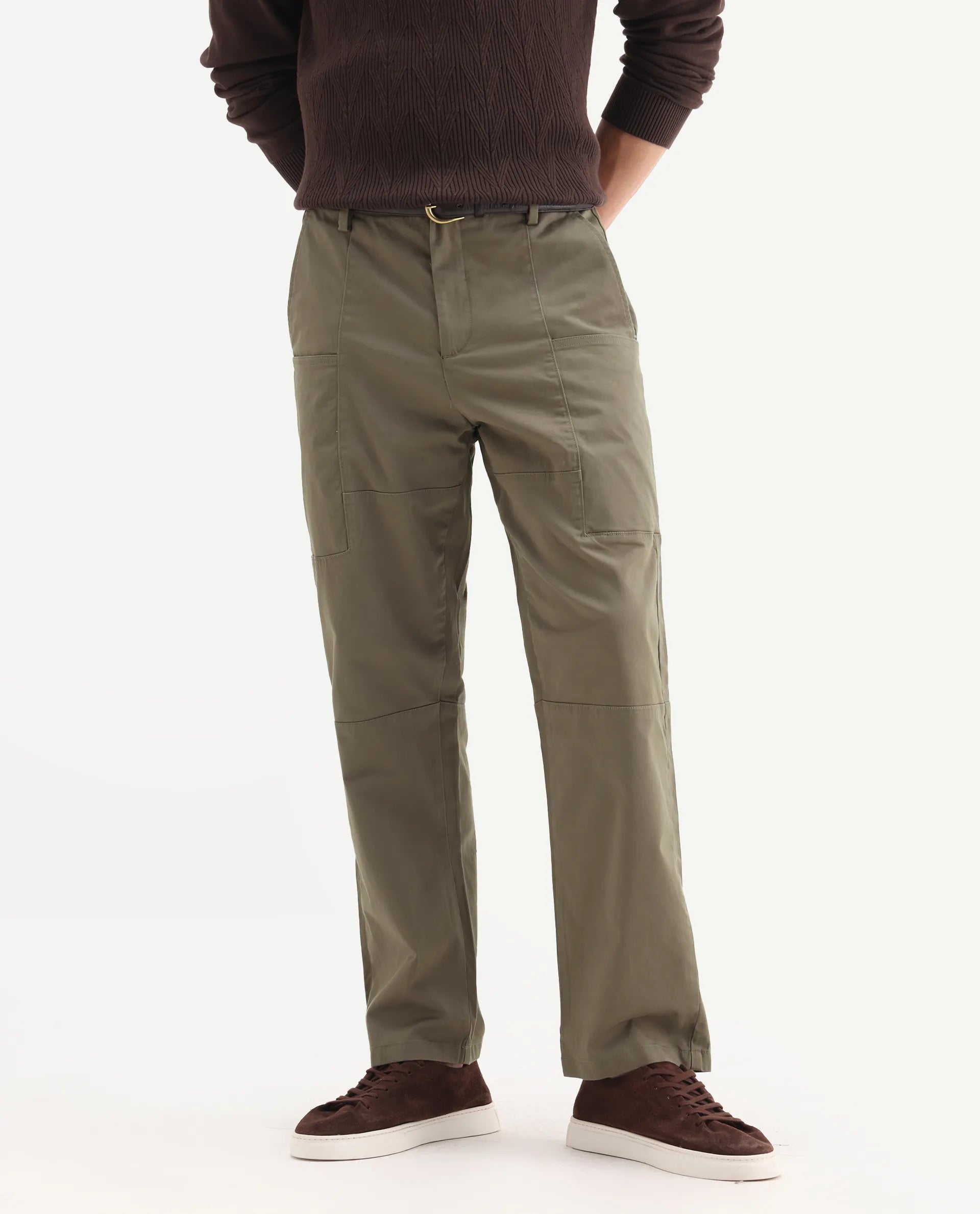 Rare Rabbit Men's Petro Dusky Olive Cotton Plain Straight Fit Trouser