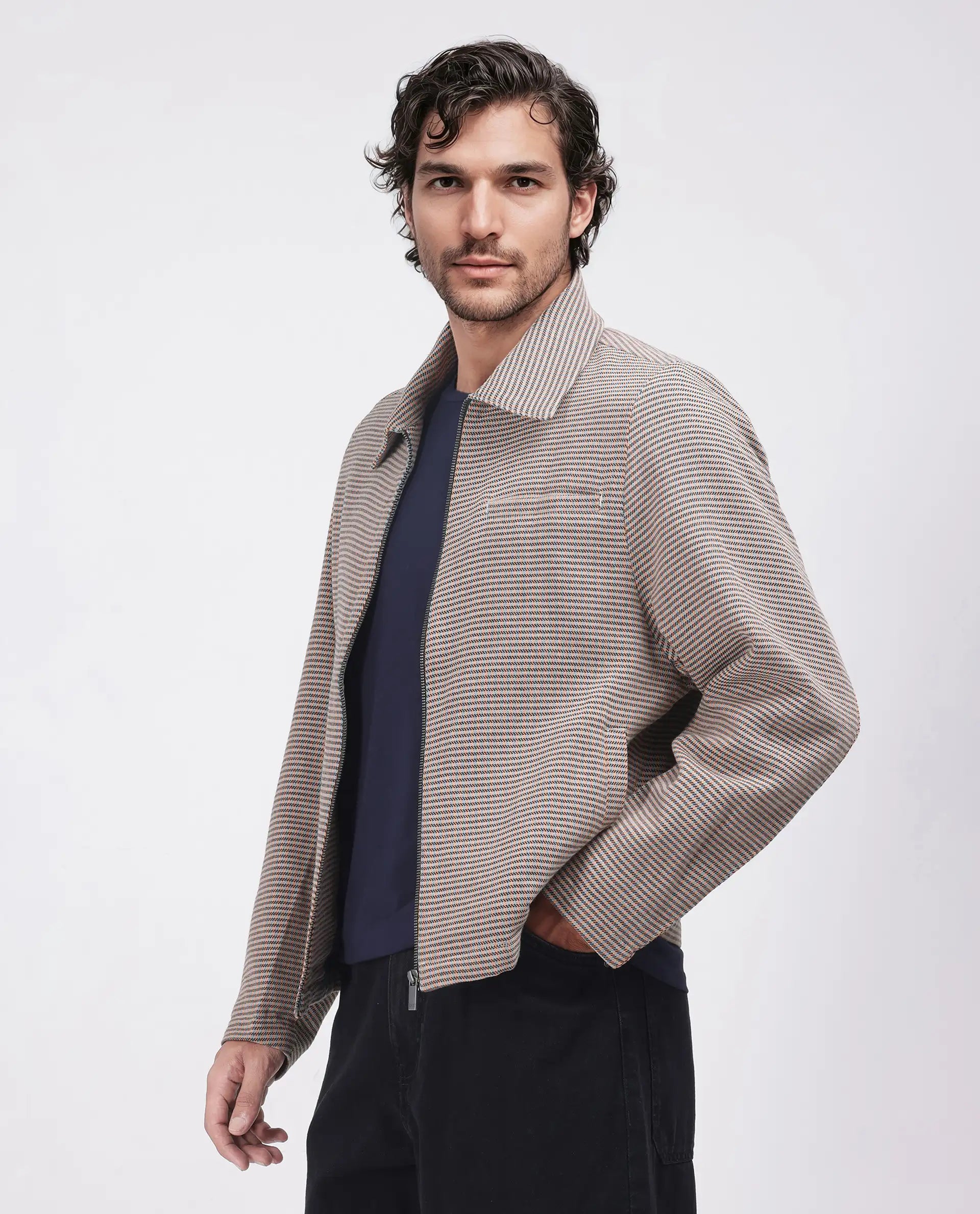 Rare Rabbit Men Pexrul Rust Cotton Fabric Full Sleeve Zipper Closure Yarn Dyed Checked Jacket