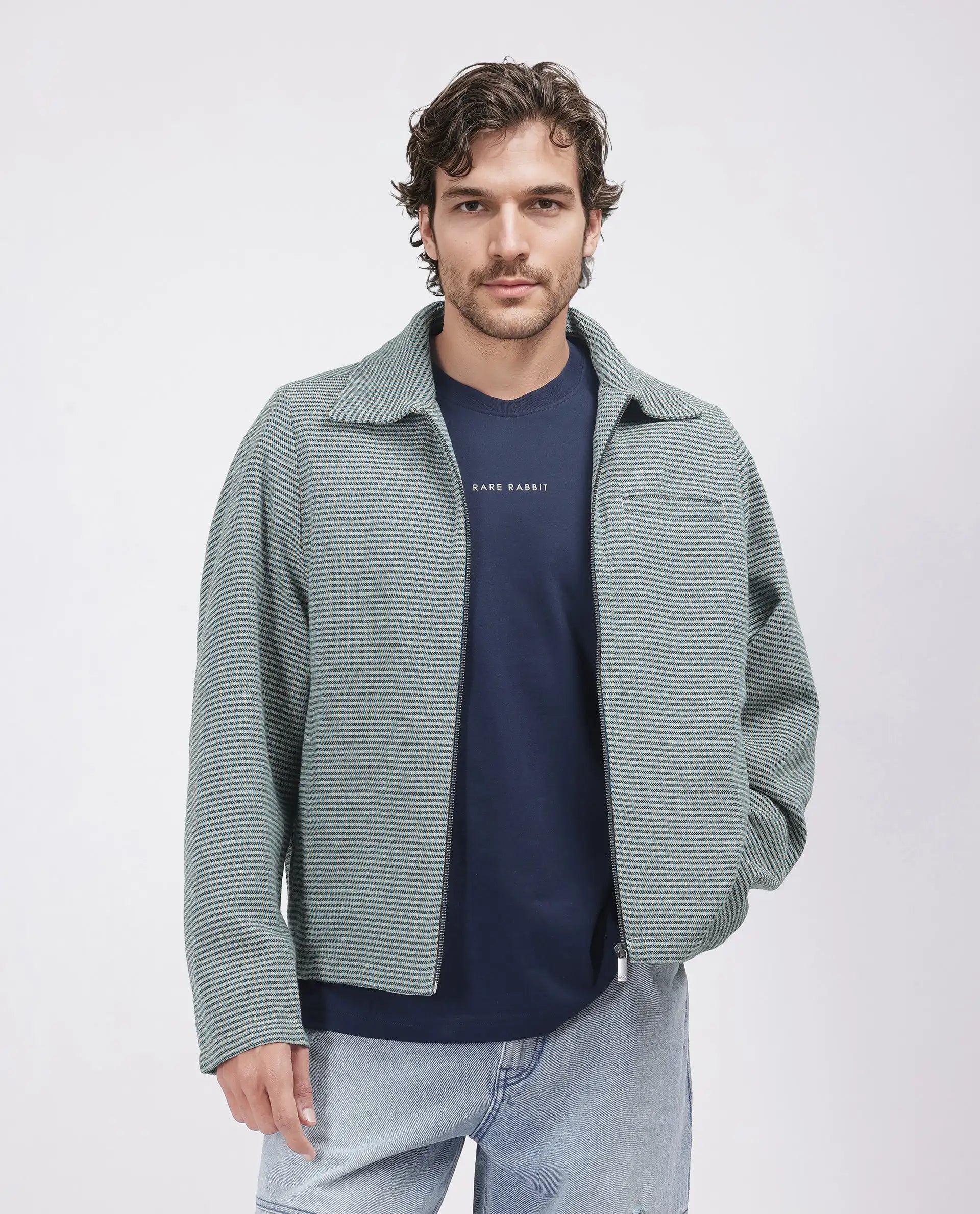 Rare Rabbit Men Pexrul Teal Cotton Fabric Full Sleeve Zipper Closure Yarn Dyed Checked Jacket