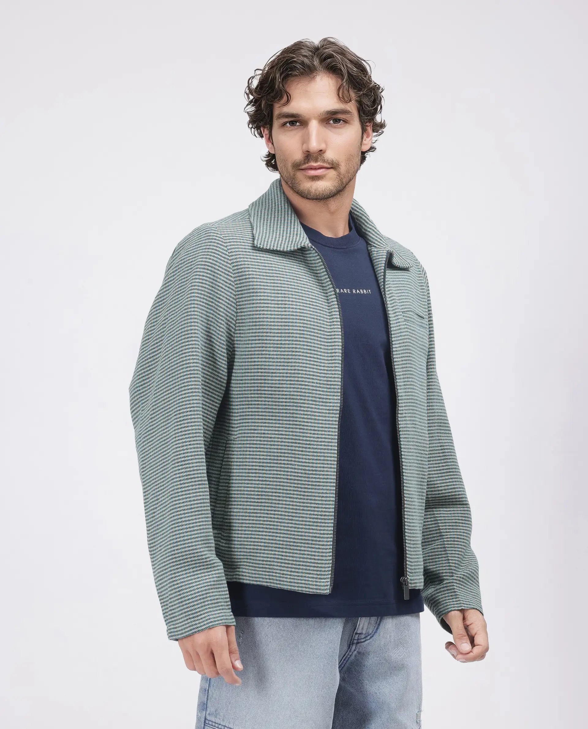 Rare Rabbit Men Pexrul Teal Cotton Fabric Full Sleeve Zipper Closure Yarn Dyed Checked Jacket