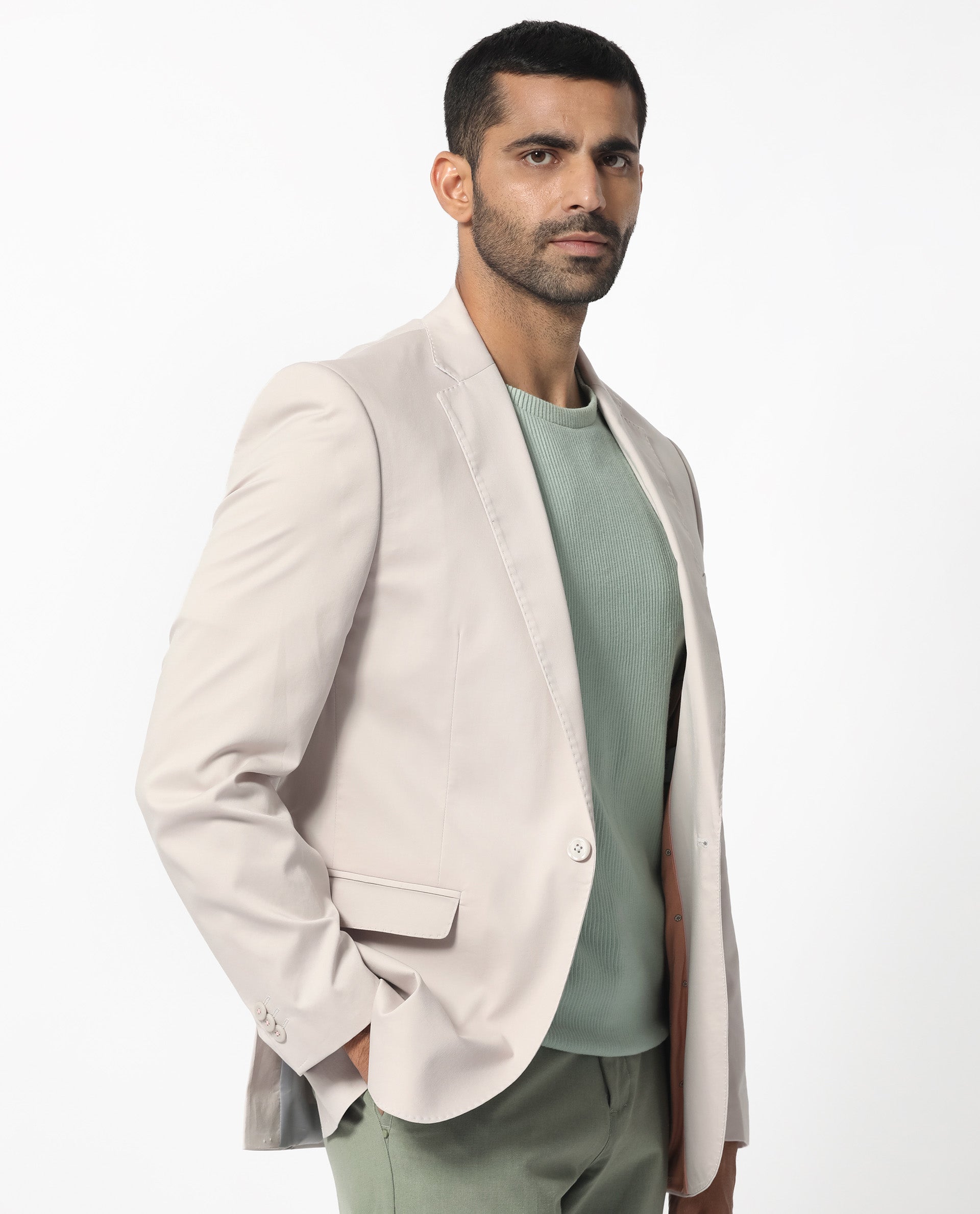 Rare Rabbit Men's Peyton Light Beige Polyester Viscose Fabric Notch Lapel Single Breasted Tailored Fit Solid Blazer