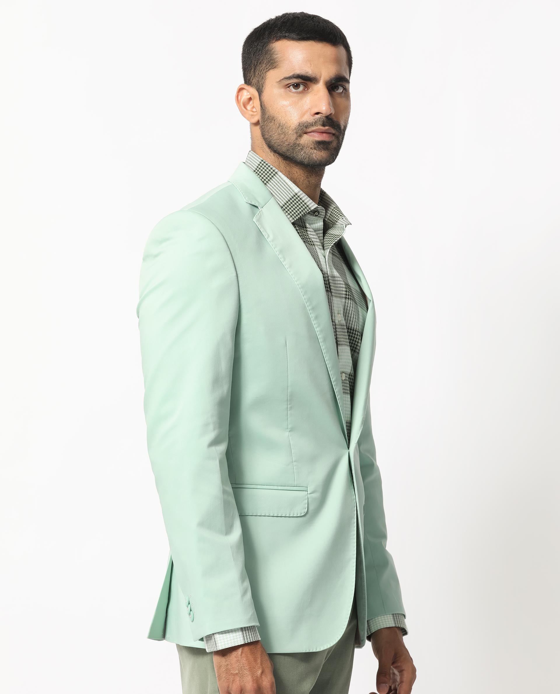 Rare Rabbit Men's Peyton Pastel Green Polyester Viscose Fabric Notch Lapel Single Breasted Tailored Fit Solid Blazer