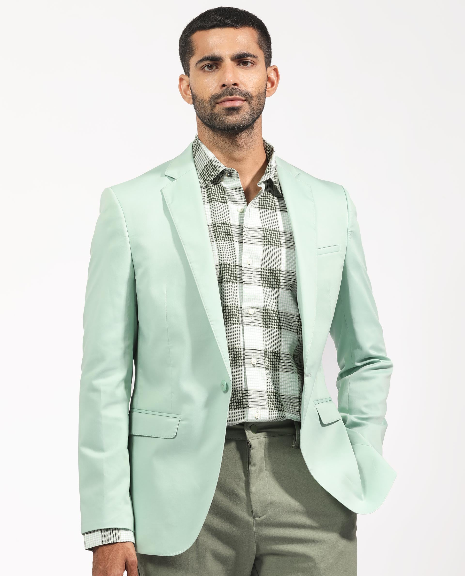 Rare Rabbit Men's Peyton Pastel Green Polyester Viscose Fabric Notch Lapel Single Breasted Tailored Fit Solid Blazer
