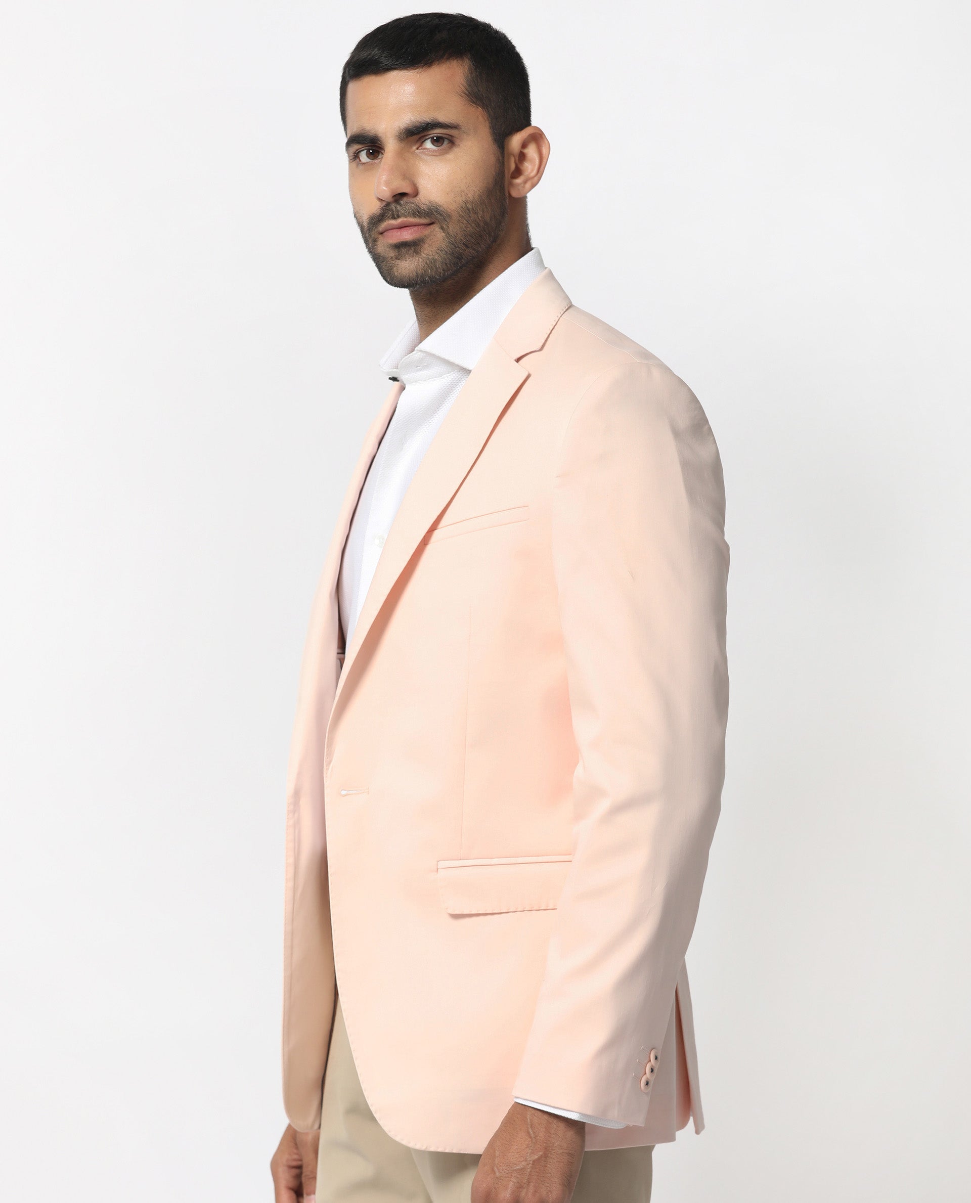 Rare Rabbit Men's Peyton Pastel Pink Polyester Viscose Fabric Notch Lapel Single Breasted Tailored Fit Solid Blazer