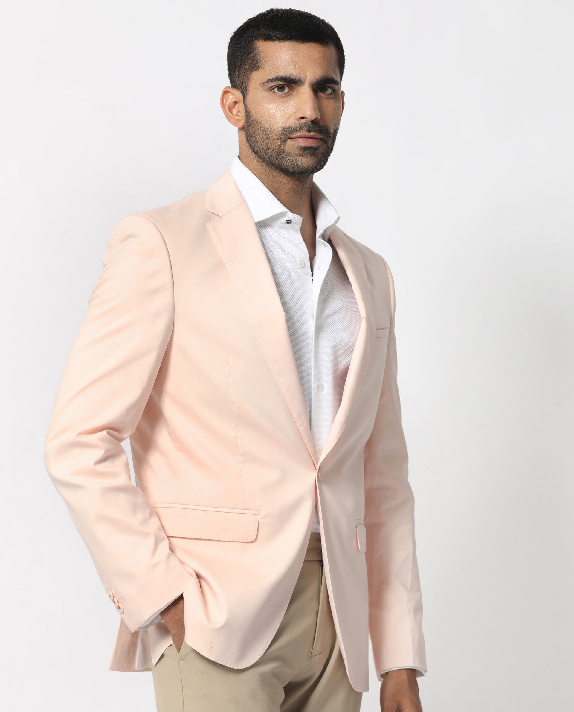 Rare Rabbit Men's Peyton Pastel Pink Polyester Viscose Fabric Notch Lapel Single Breasted Tailored Fit Solid Blazer