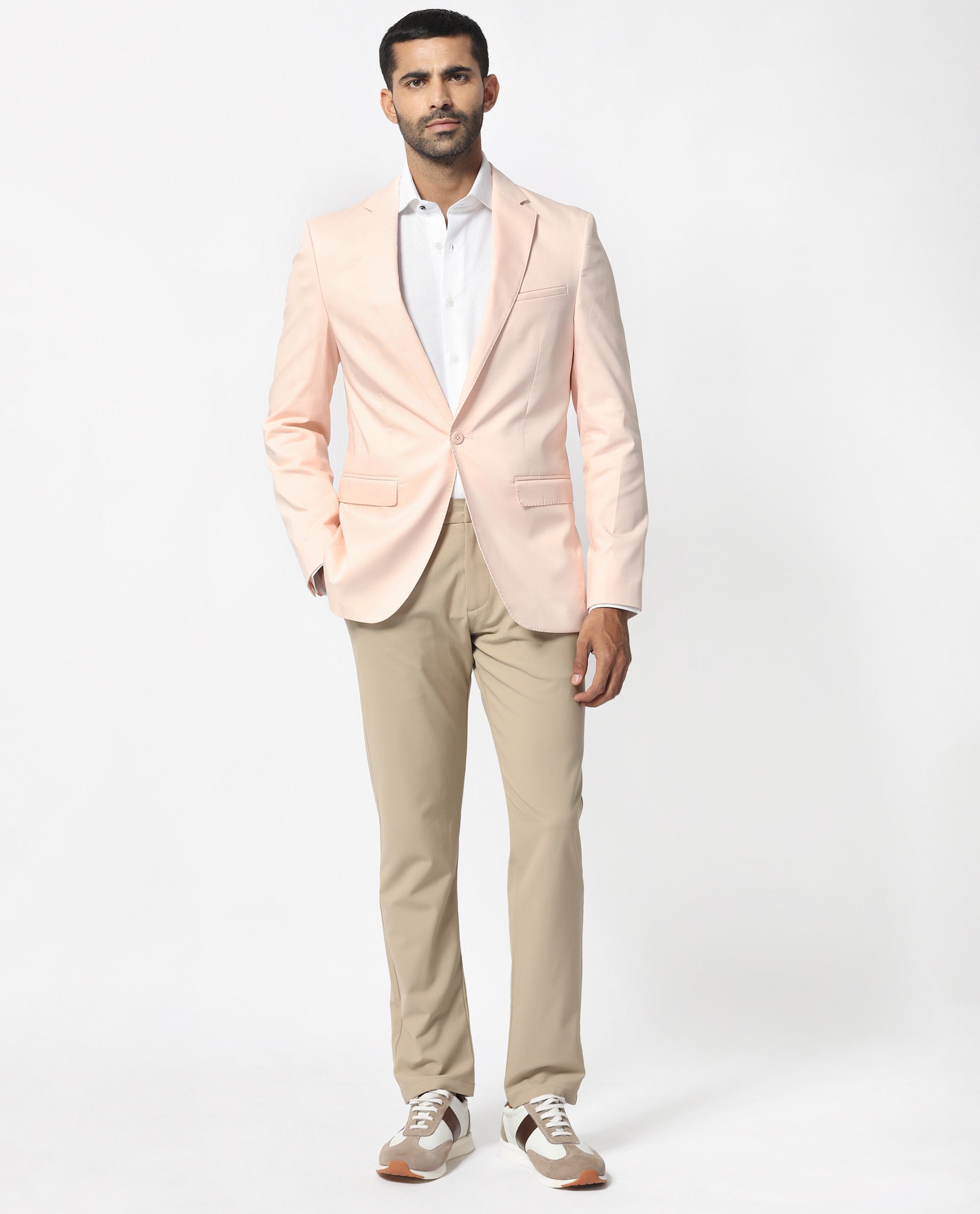 Rare Rabbit Men's Peyton Pastel Pink Polyester Viscose Fabric Notch Lapel Single Breasted Tailored Fit Solid Blazer