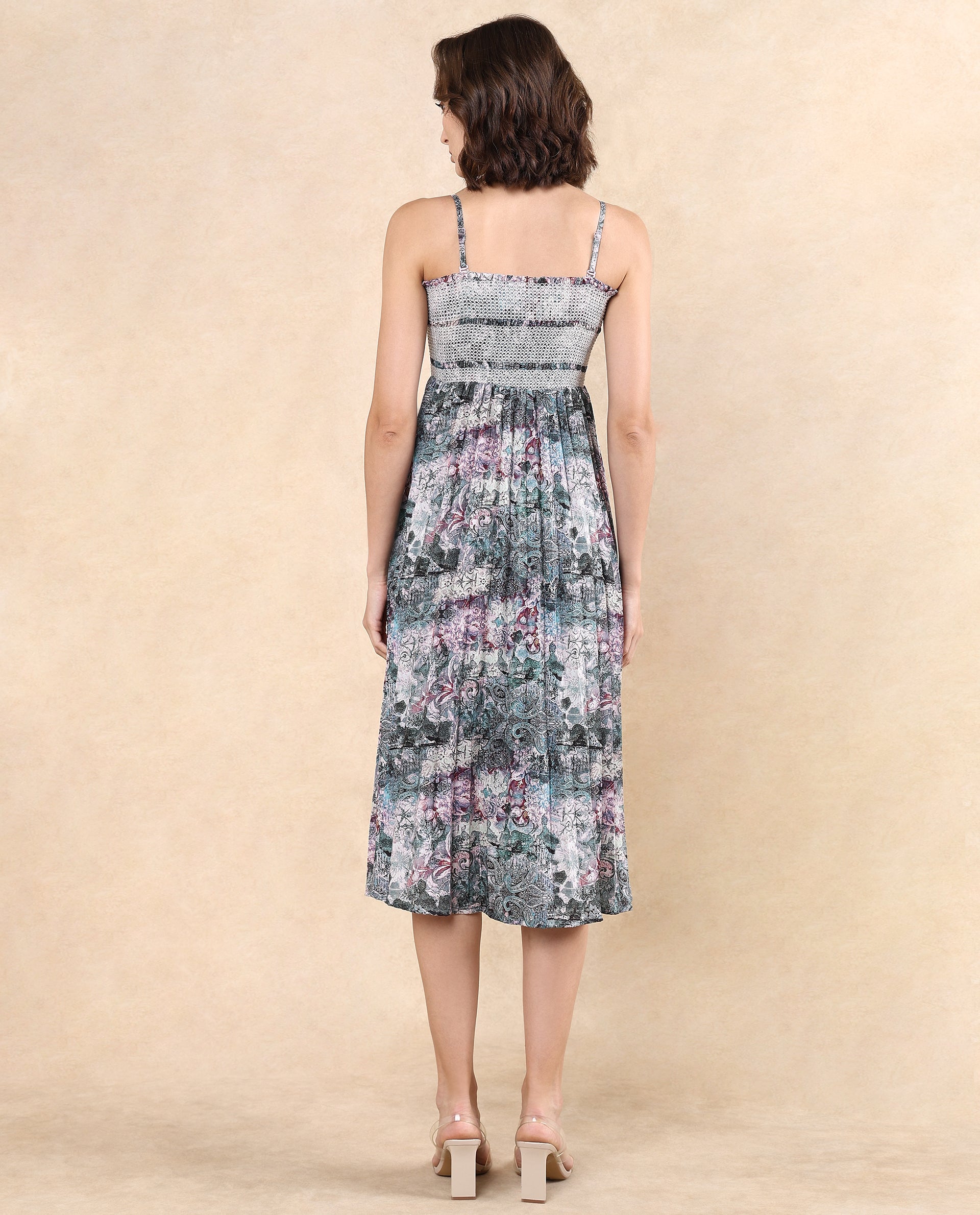 Rareism Women Phanks Multi Polyester Fabric Sleeveless Tube Neck Fit And Flare Midi Abstract Print Dress