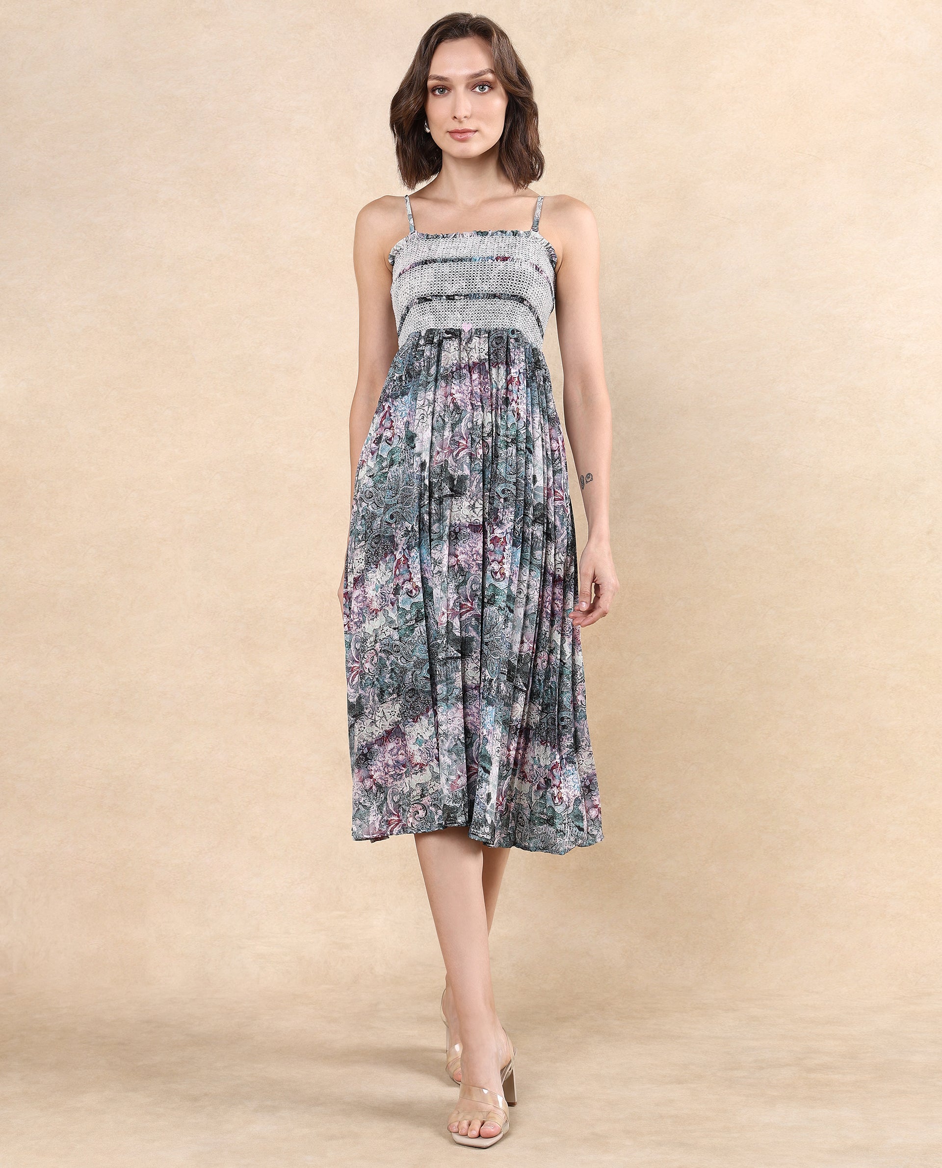 Rareism Women Phanks Multi Polyester Fabric Sleeveless Tube Neck Fit And Flare Midi Abstract Print Dress