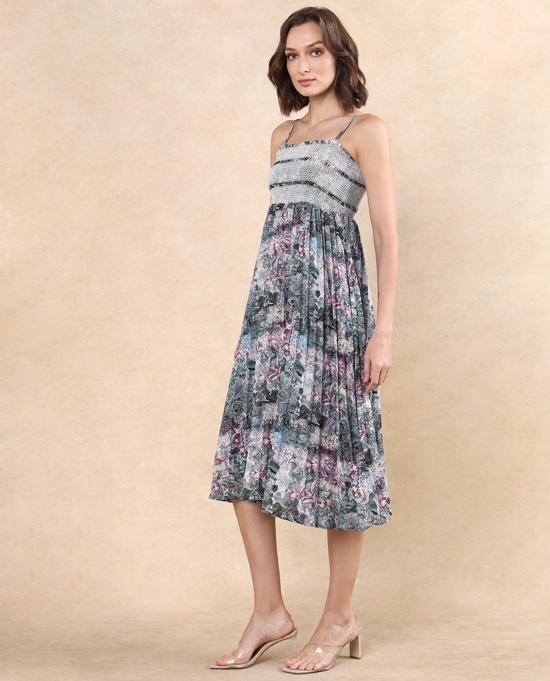 Rareism Women Phanks Multi Polyester Fabric Sleeveless Tube Neck Fit And Flare Midi Abstract Print Dress