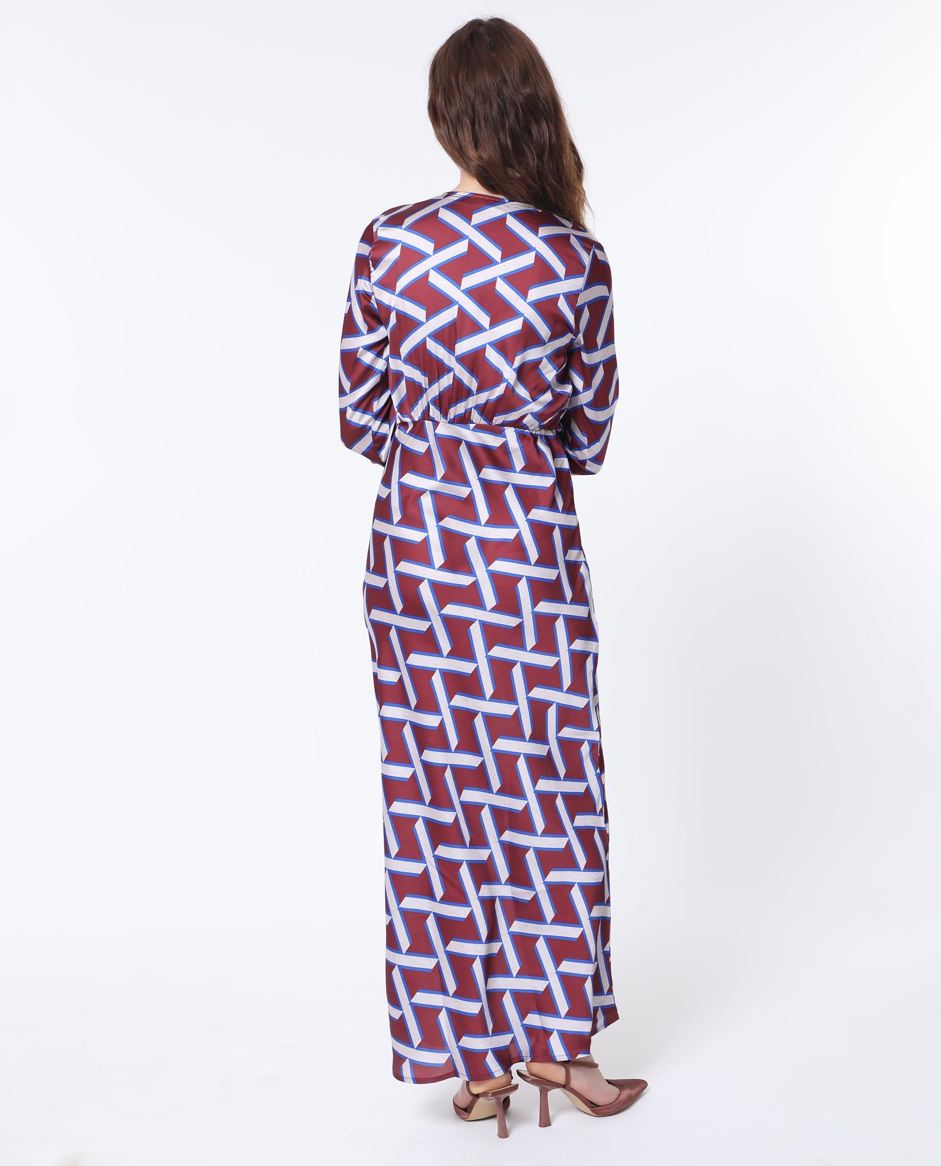 Rareism Women Phara Brown Polyester Fabric Full Sleeves Tie-Up Closure V-Neck Regular Fit Geometric Print Maxi Dress