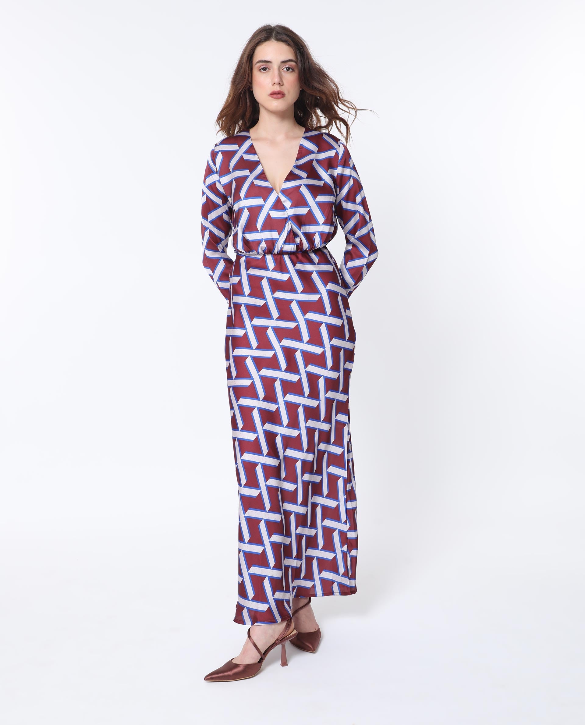 Rareism Women Phara Brown Polyester Fabric Full Sleeves Tie-Up Closure V-Neck Regular Fit Geometric Print Maxi Dress