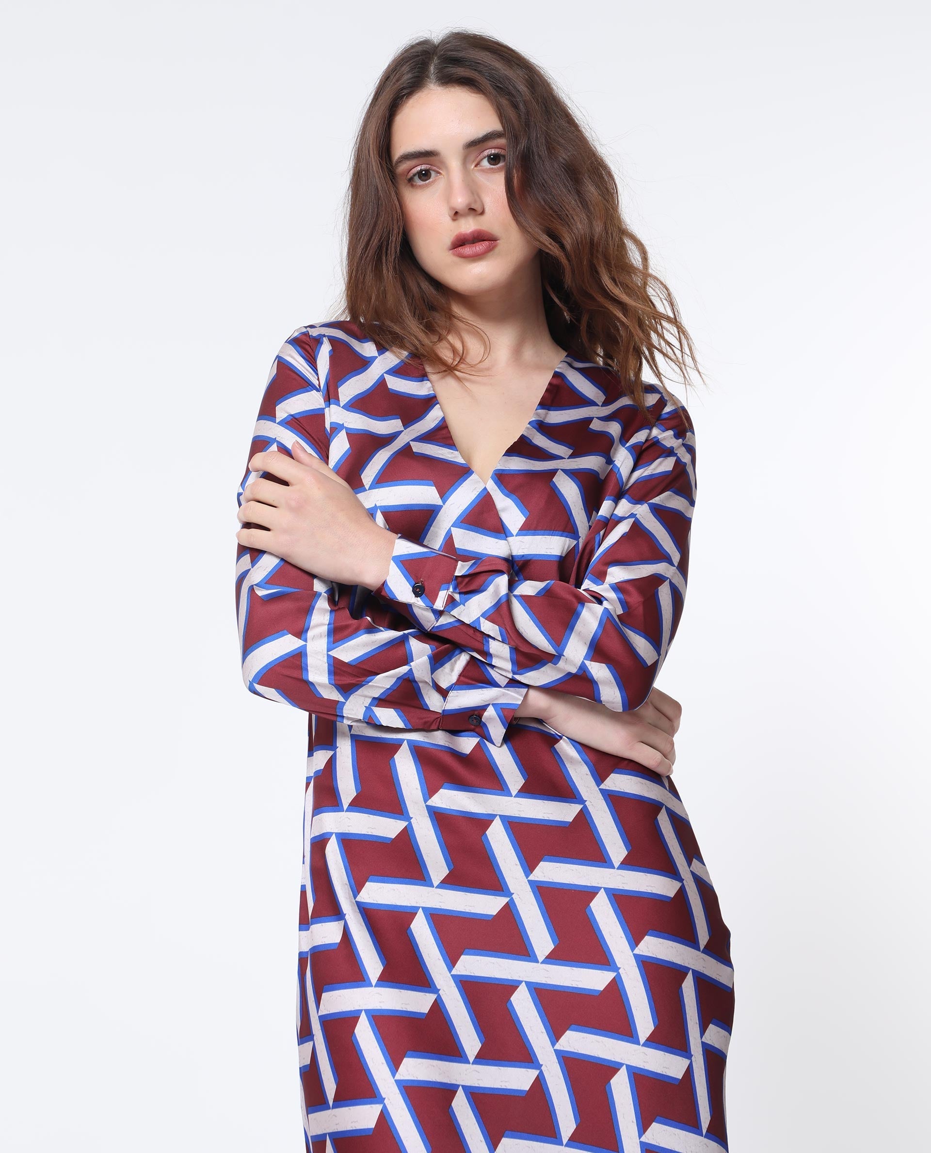 Rareism Women Phara Brown Polyester Fabric Full Sleeves Tie-Up Closure V-Neck Regular Fit Geometric Print Maxi Dress