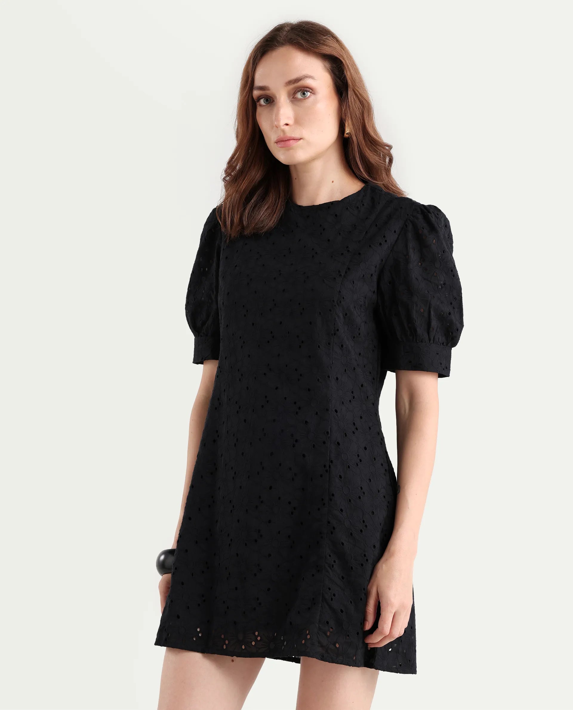 Rareism Women's Phillips Black Cotton Crew Neck Schiffli Puff Sleeves Mini A-Line Dress