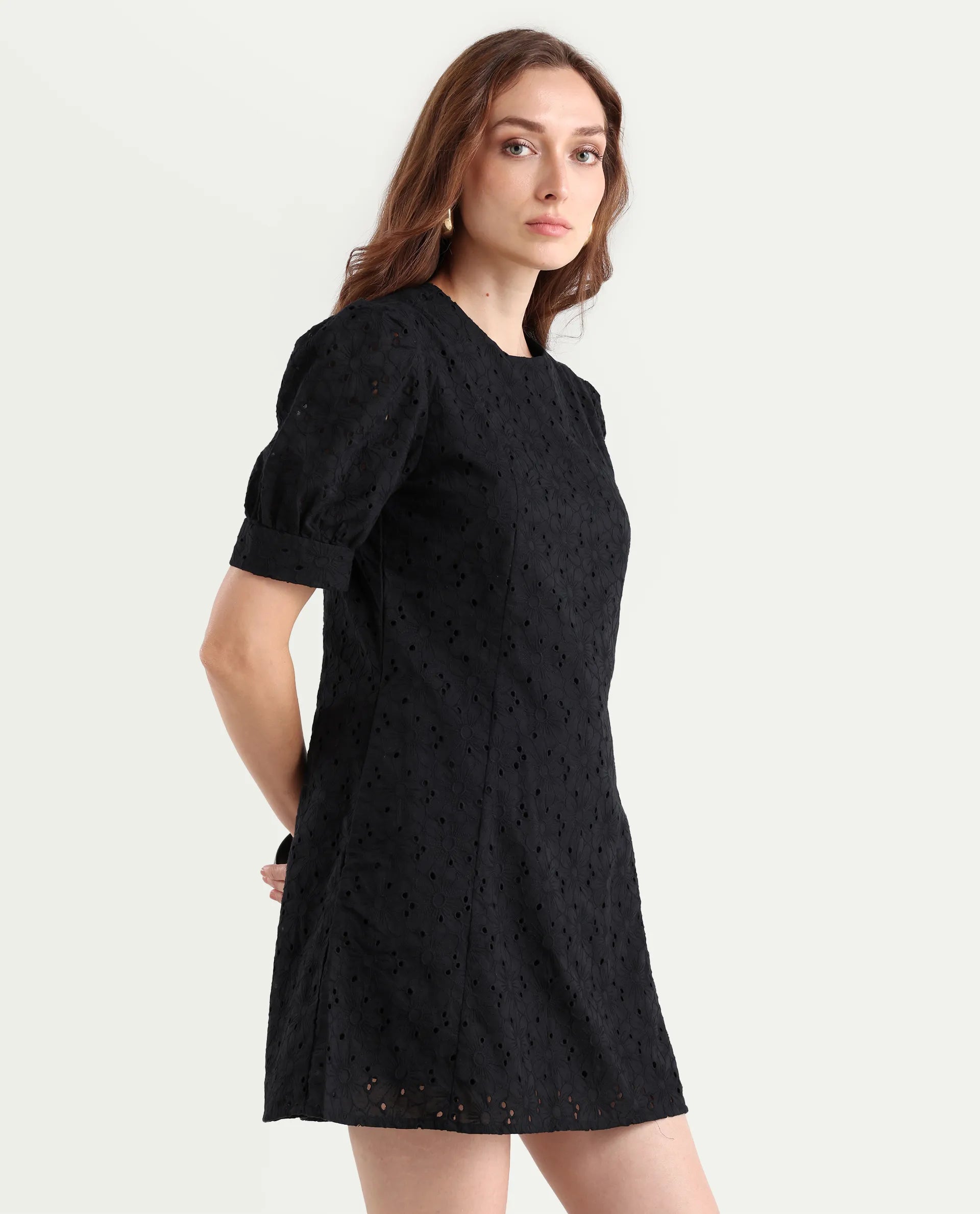 Rareism Women's Phillips Black Cotton Crew Neck Schiffli Puff Sleeves Mini A-Line Dress