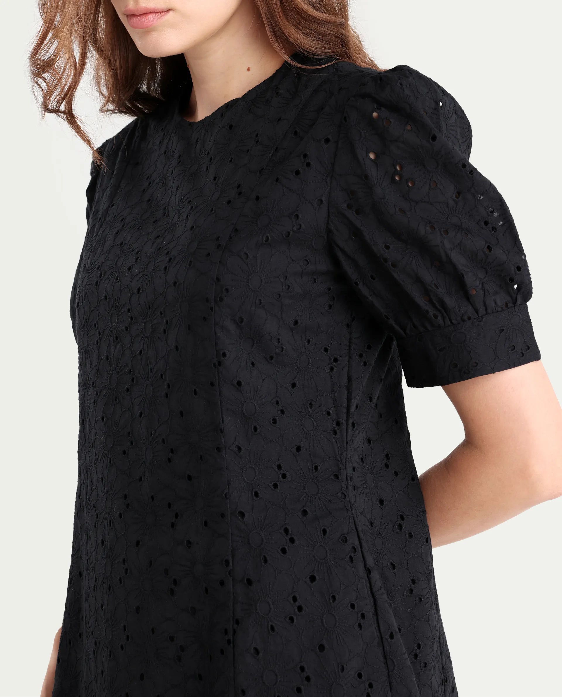 Rareism Women's Phillips Black Cotton Crew Neck Schiffli Puff Sleeves Mini A-Line Dress