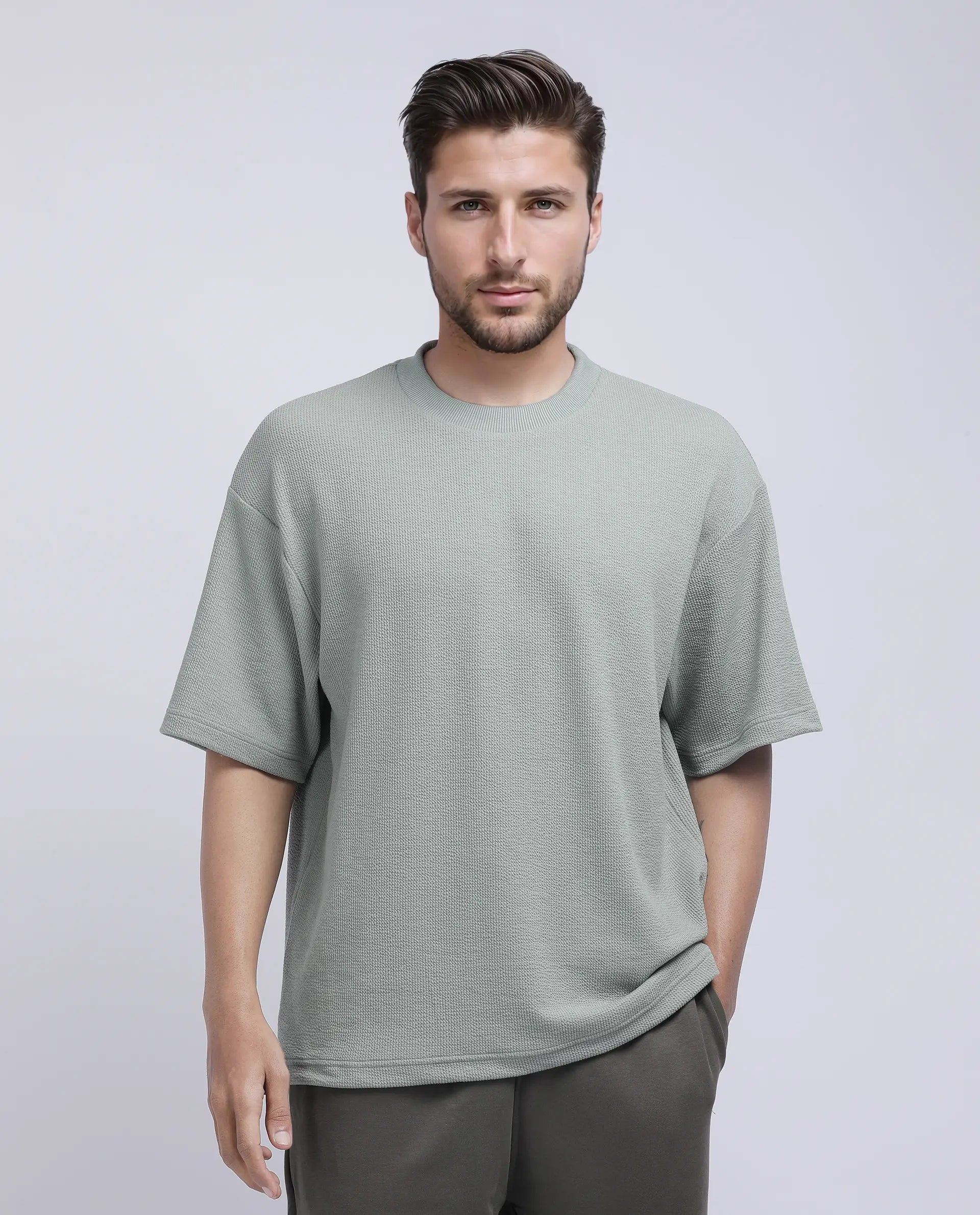 Rare Rabbit Men's Phix Dusky Green Poly Blend Textured Oversized Fit Half Sleeve Crew Neck T-Shirt