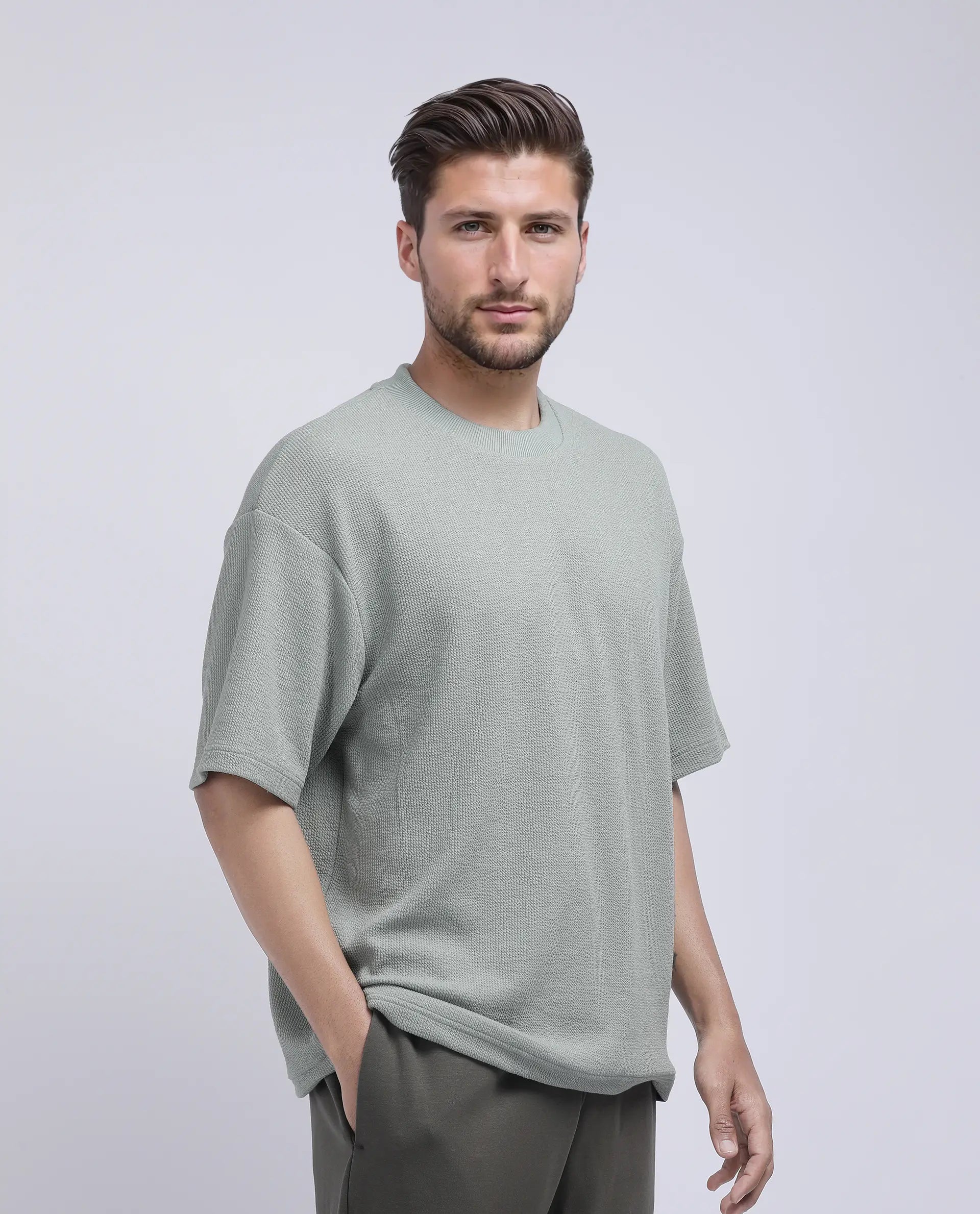 Rare Rabbit Men's Phix Dusky Green Poly Blend Textured Oversized Fit Half Sleeve Crew Neck T-Shirt