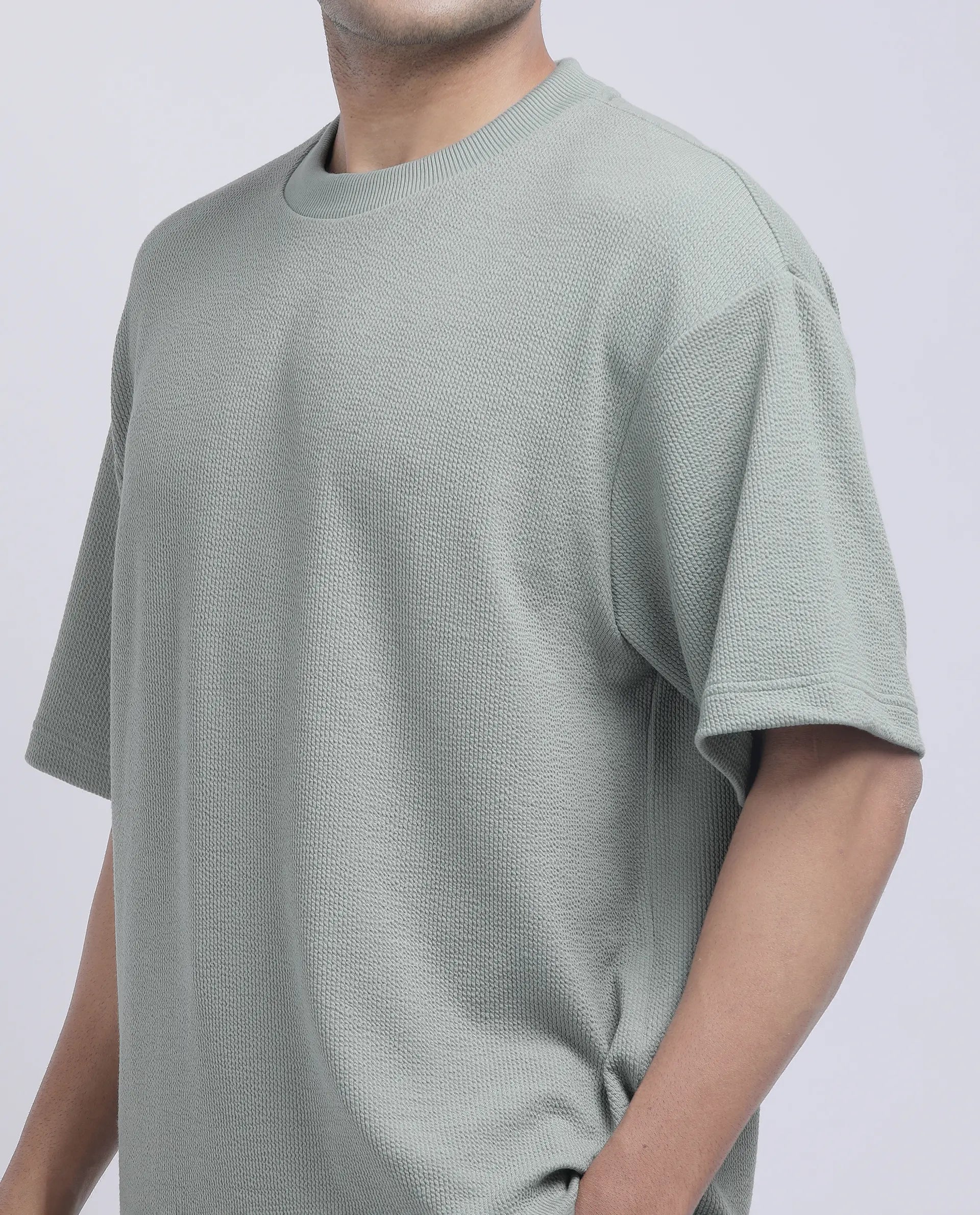 Rare Rabbit Men's Phix Dusky Green Poly Blend Textured Oversized Fit Half Sleeve Crew Neck T-Shirt