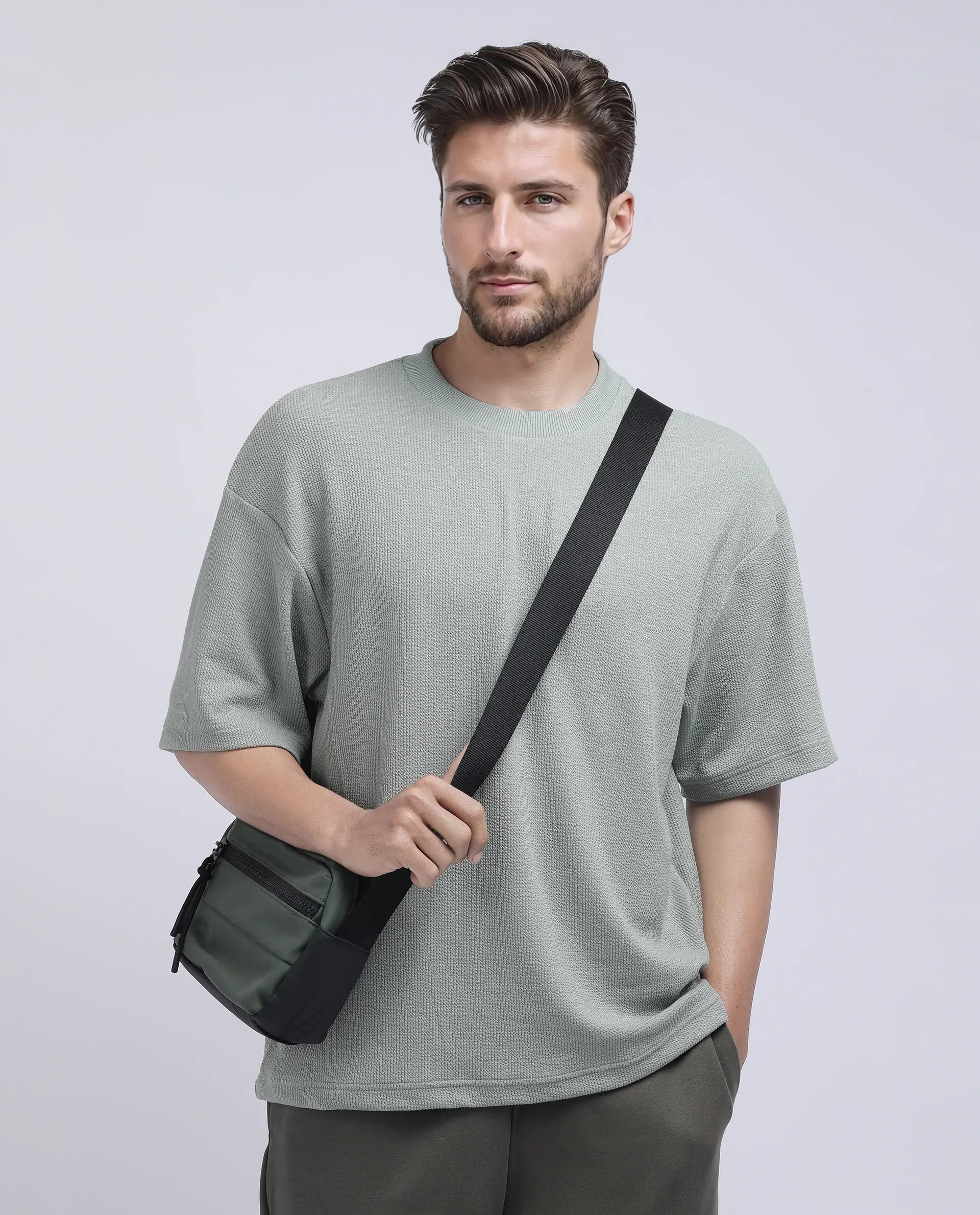 Rare Rabbit Men's Phix Dusky Green Poly Blend Textured Oversized Fit Half Sleeve Crew Neck T-Shirt