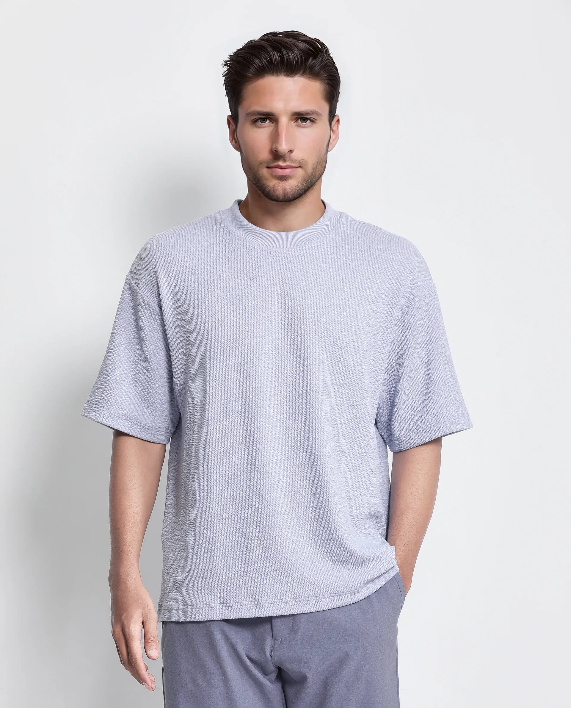 Rare Rabbit Men Phix Dusky Purple Poly Blend Fabric Short Sleeve Crew Neck Textured T-Shirt