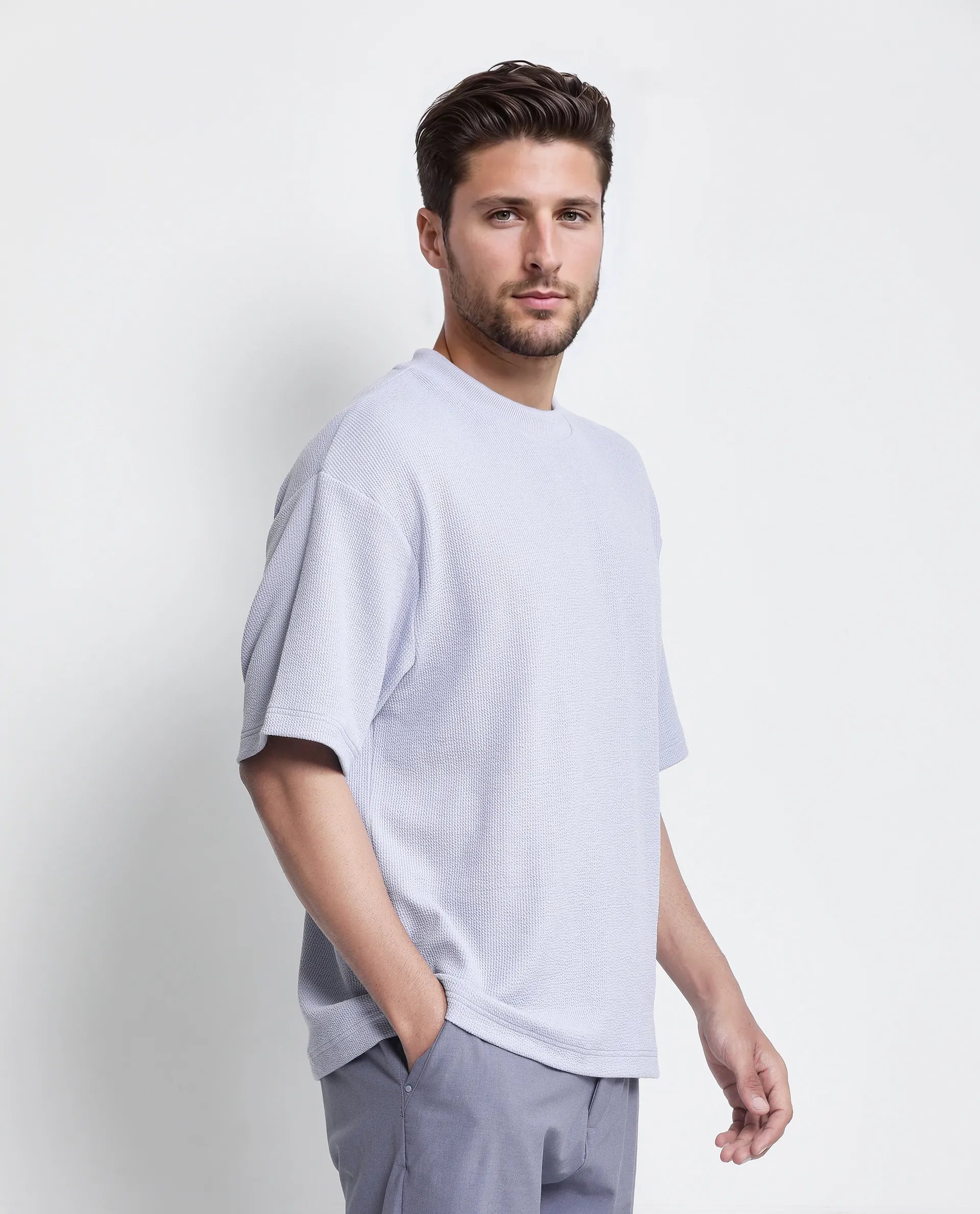 Rare Rabbit Men Phix Dusky Purple Poly Blend Fabric Short Sleeve Crew Neck Textured T-Shirt