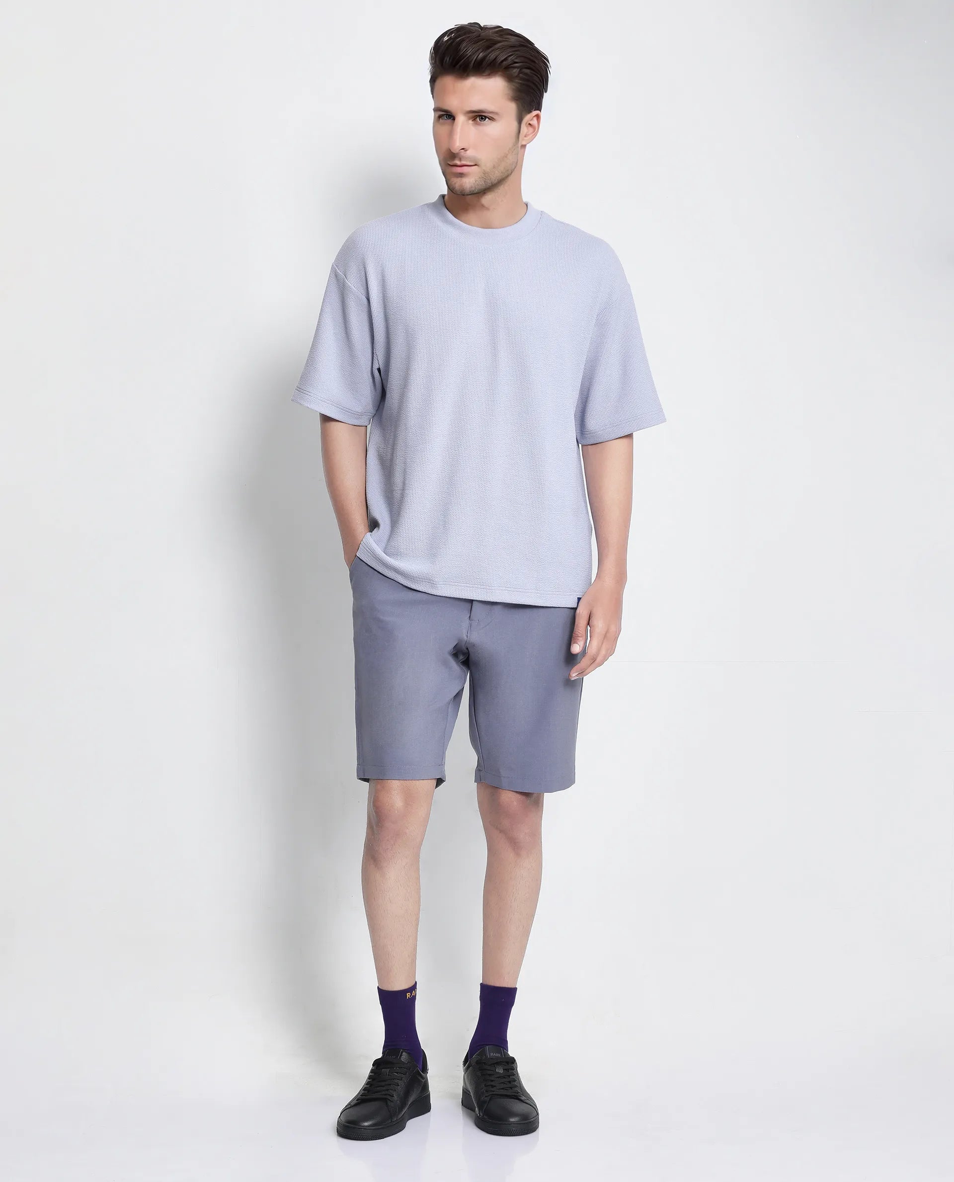 Rare Rabbit Men Phix Dusky Purple Poly Blend Fabric Short Sleeve Crew Neck Textured T-Shirt