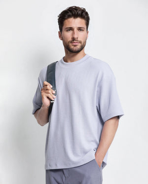 Rare Rabbit Men Phix Dusky Purple Poly Blend Fabric Short Sleeve Crew Neck Textured T-Shirt