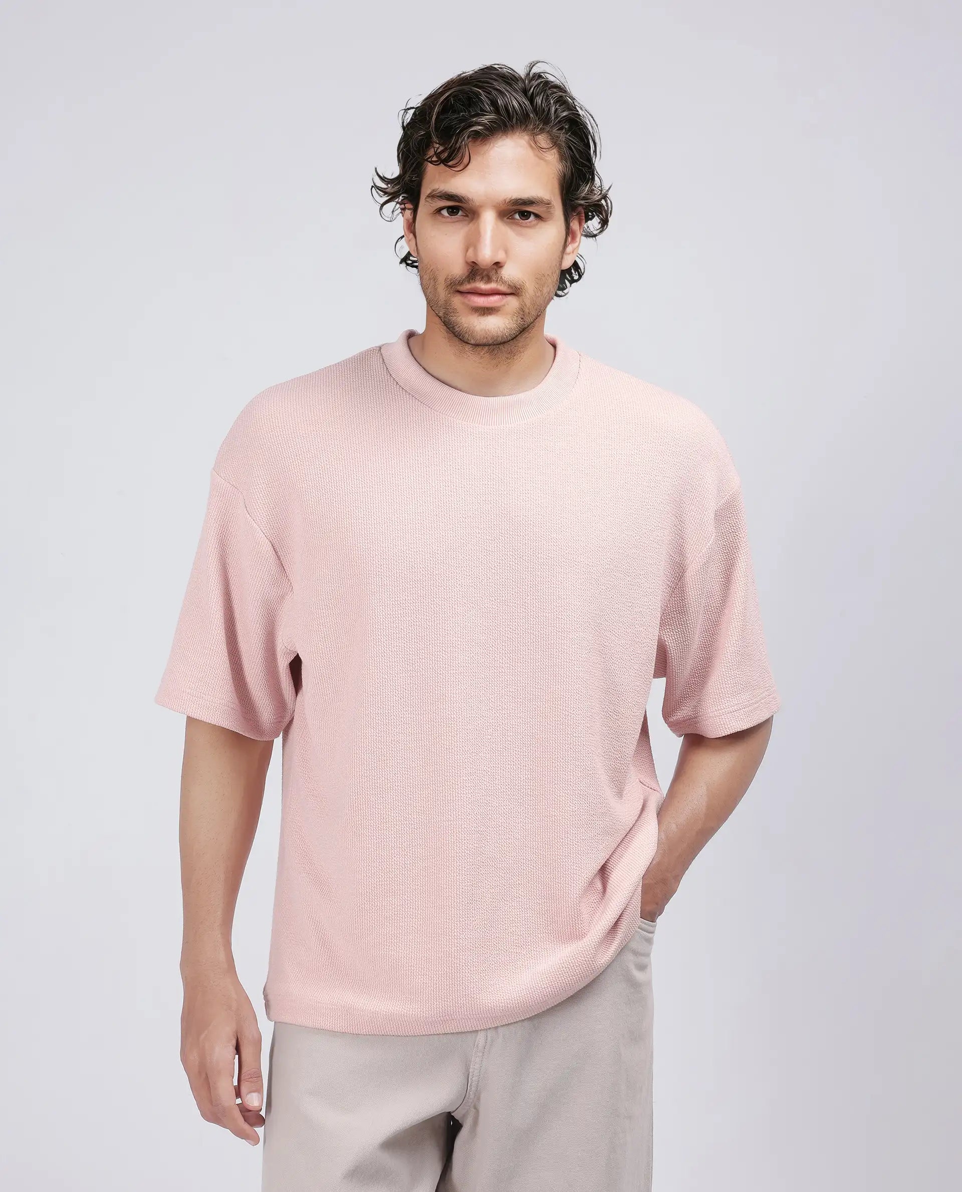 Rare Rabbit Men Phix Light Pink Poly Blend Fabric Short Sleeve Crew Neck Textured T-Shirt