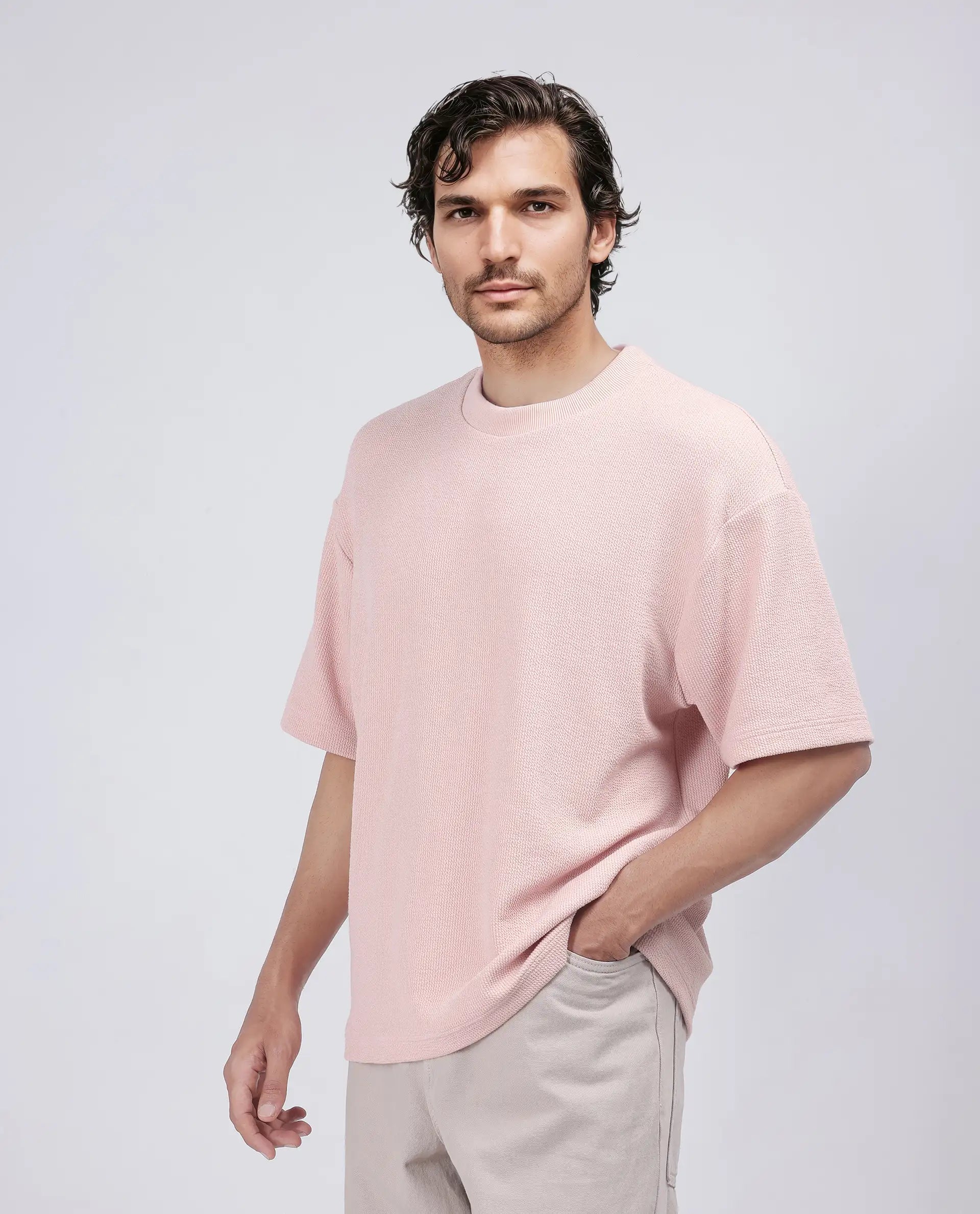 Rare Rabbit Men Phix Light Pink Poly Blend Fabric Short Sleeve Crew Neck Textured T-Shirt