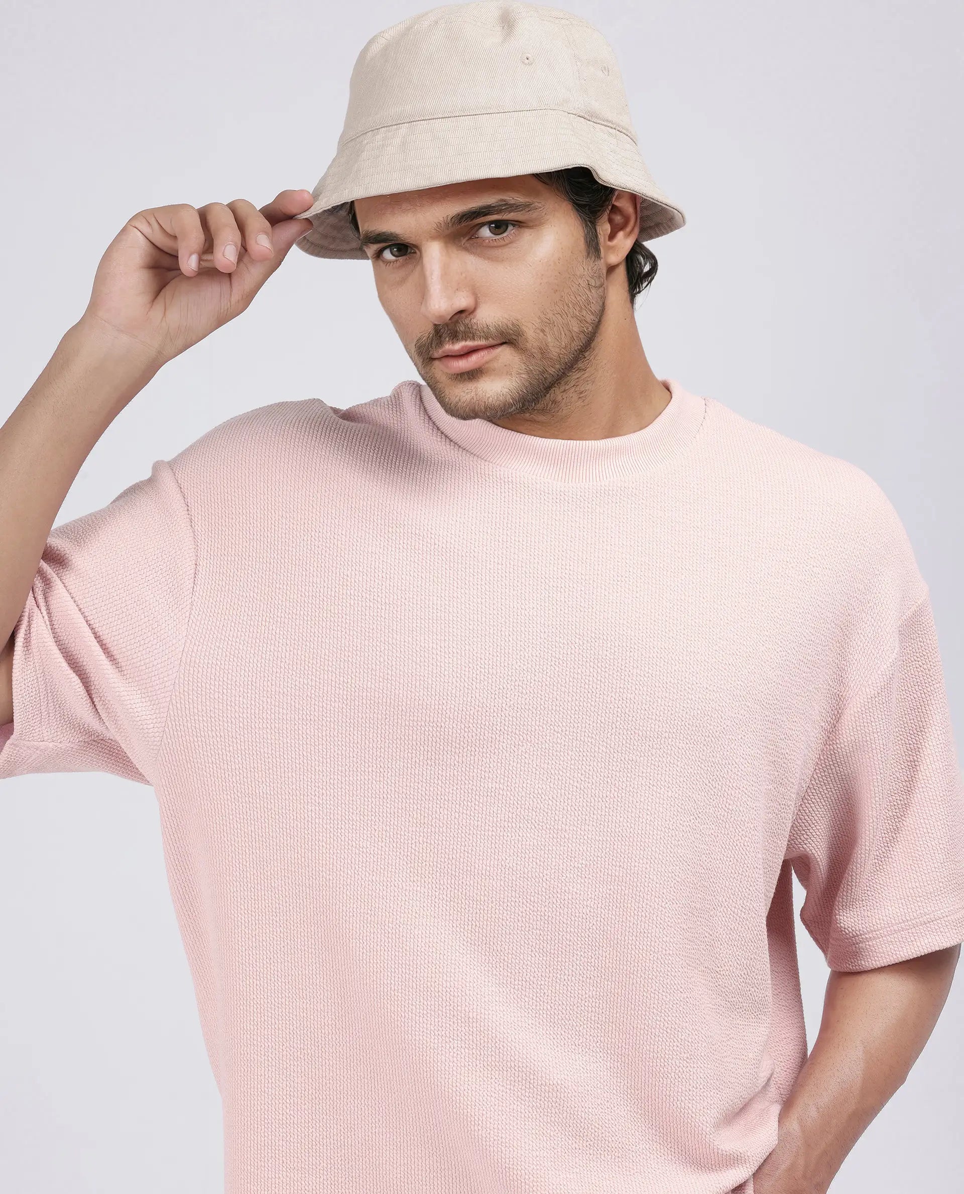 Rare Rabbit Men Phix Light Pink Poly Blend Fabric Short Sleeve Crew Neck Textured T-Shirt