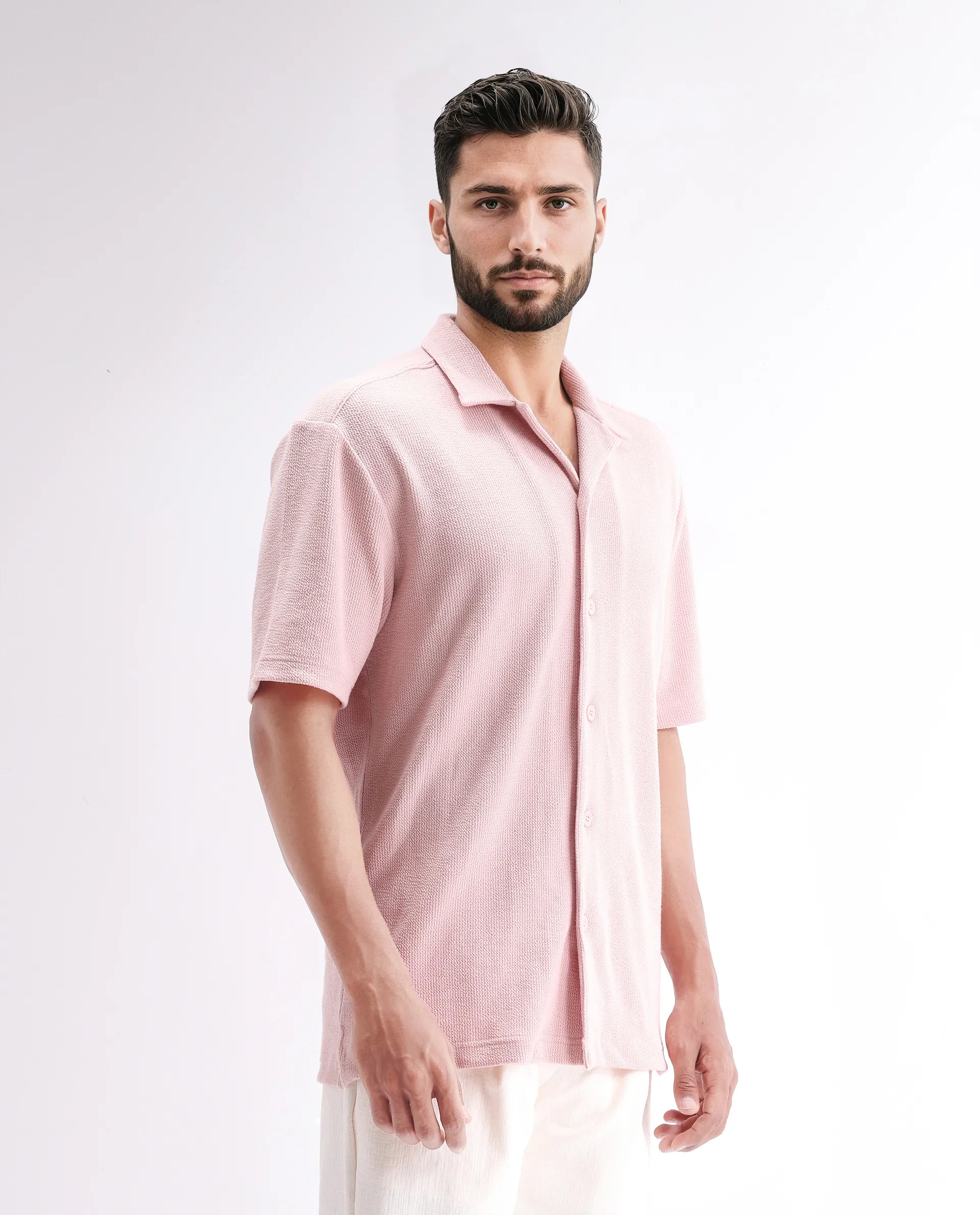 Rare Rabbit Men's Phixo Light Pink Cotton Plain Relaxed Fit Half Sleeve Cuban Collar Shirt