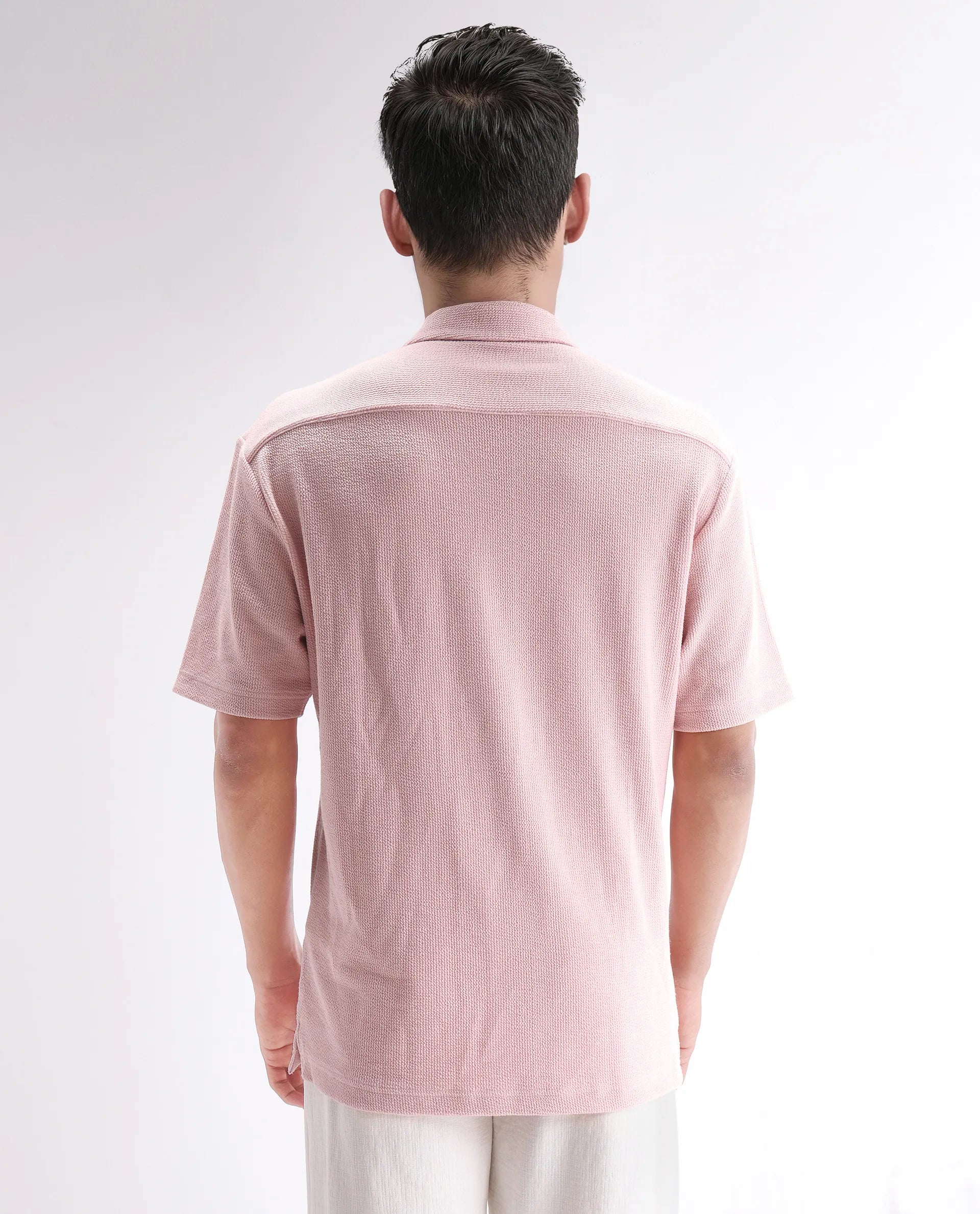 Rare Rabbit Men's Phixo Light Pink Cotton Plain Relaxed Fit Half Sleeve Cuban Collar Shirt