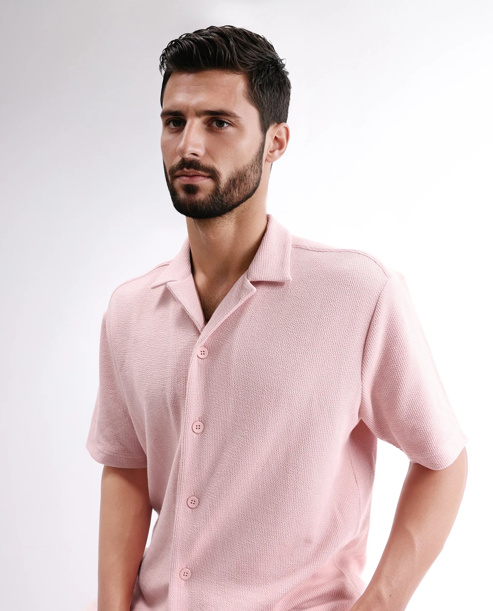 Rare Rabbit Men's Phixo Light Pink Cotton Plain Relaxed Fit Half Sleeve Cuban Collar Shirt