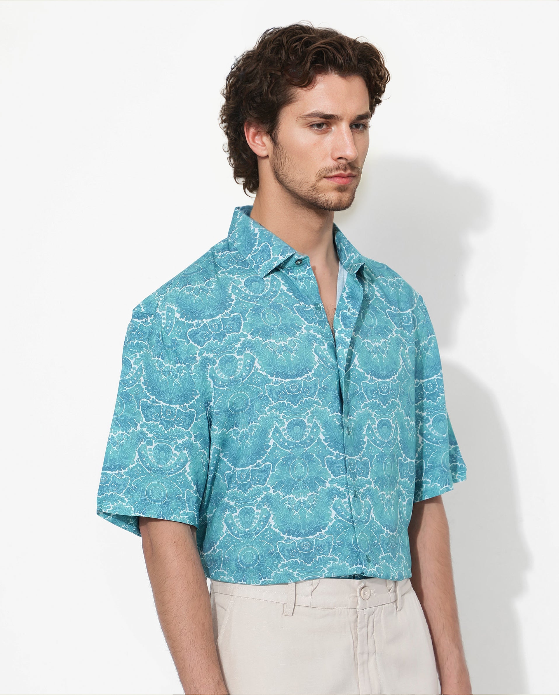 Rare Rabbit Men's Picano Dark Turq Viscose Fabric Short Sleeve Abstract Floral Print Shirt