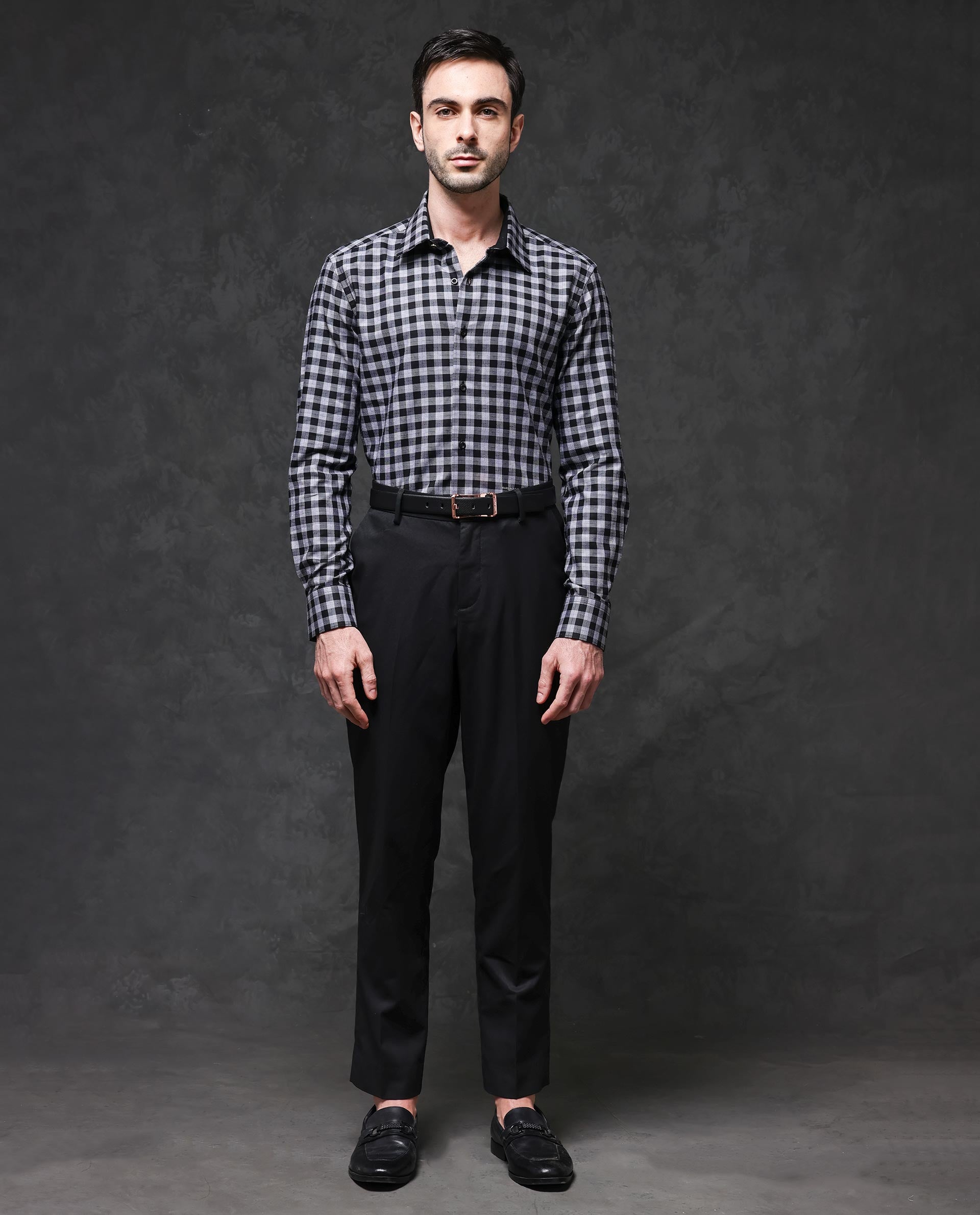 Rare Rabbit Mens Pictor Black Full Sleeve Regular Collar Cotton Premium Check Shirt