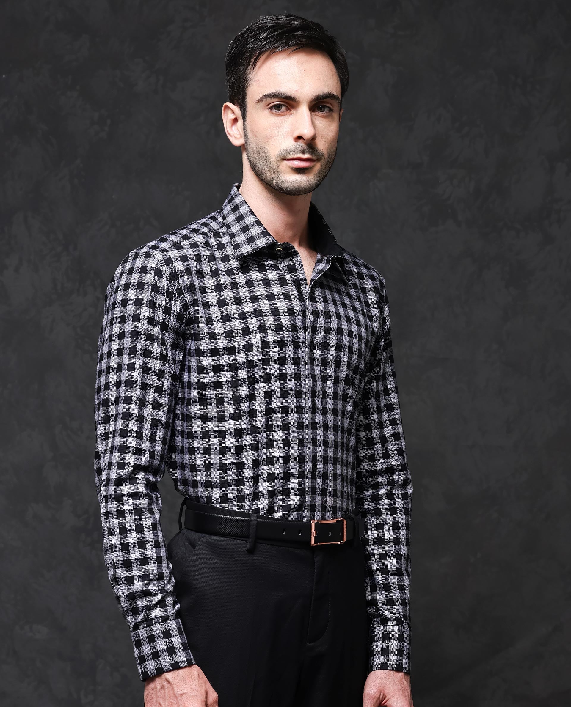 Rare Rabbit Mens Pictor Black Full Sleeve Regular Collar Cotton Premium Check Shirt