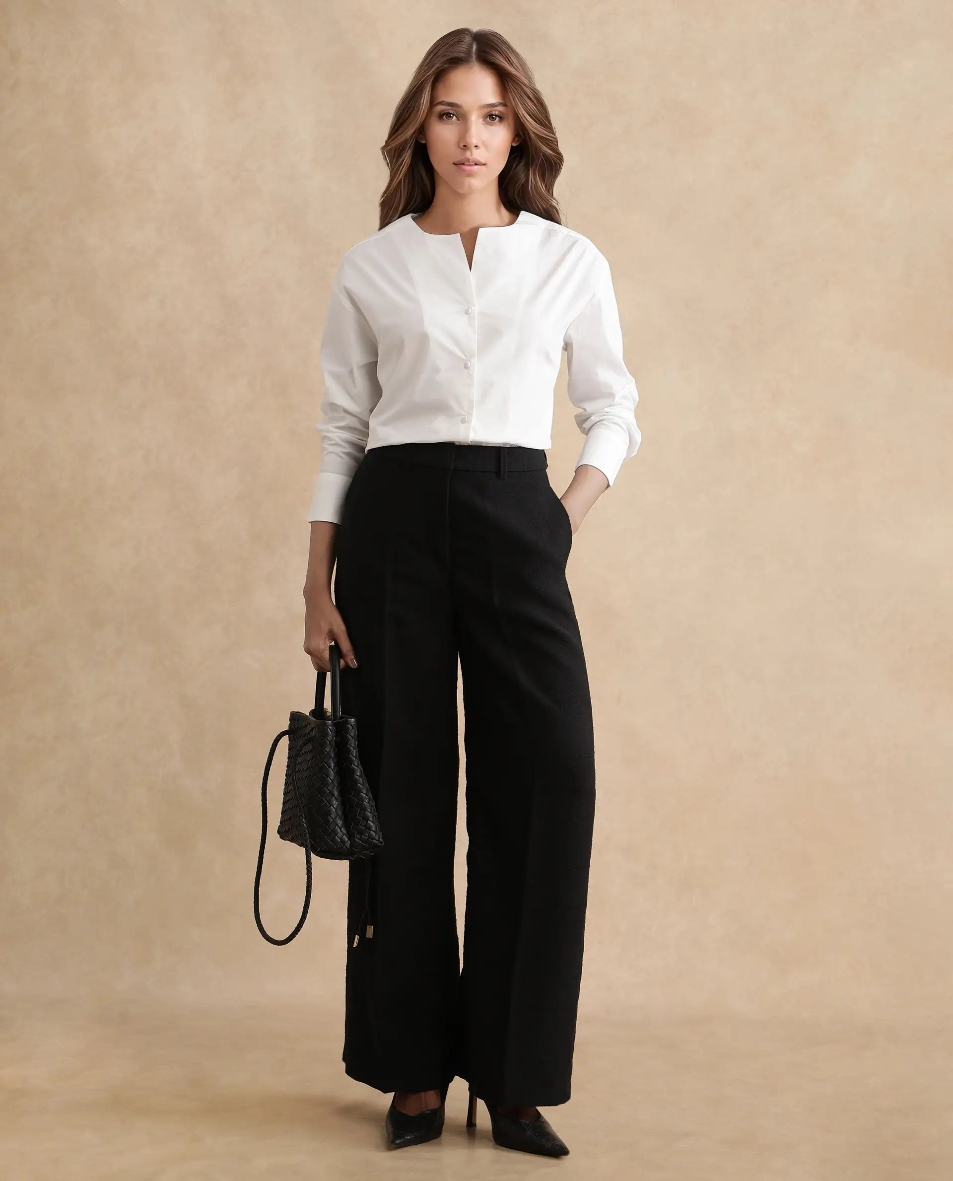 Rareism Women's Pidet-B-Black Satin Plain Ankle Length Wide Trouser