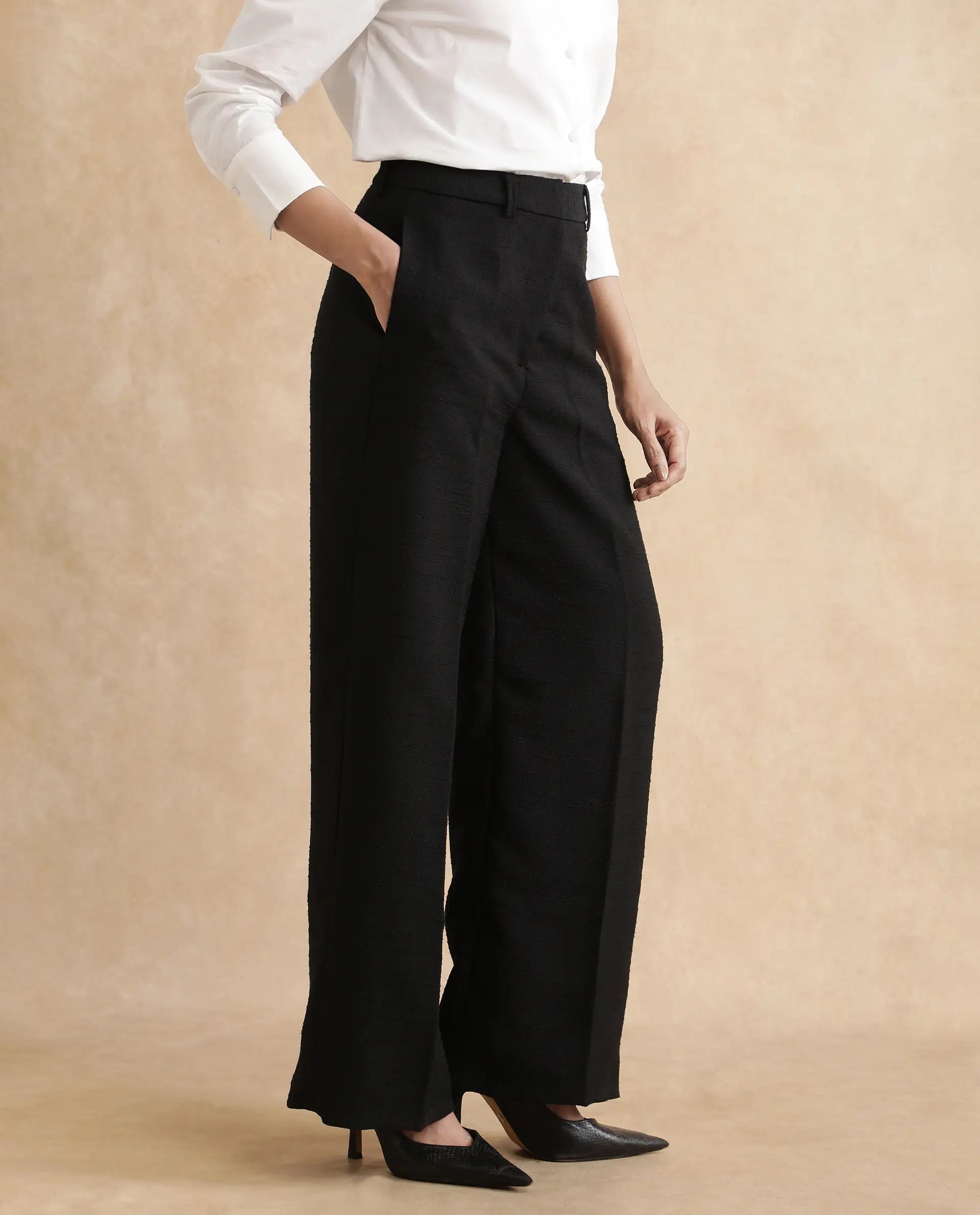 Rareism Women's Pidet-B-Black Satin Plain Ankle Length Wide Trouser