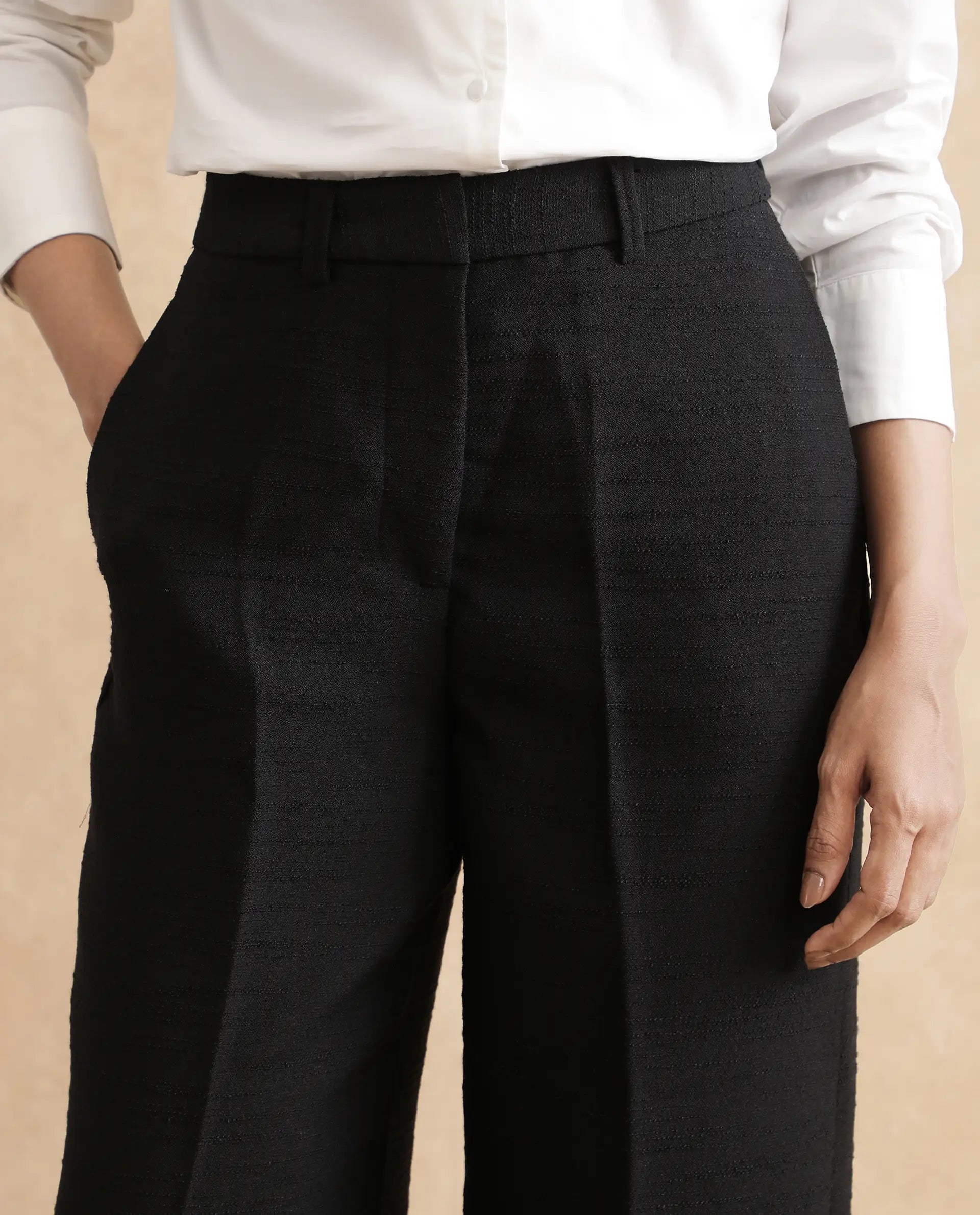 Rareism Women's Pidet-B-Black Satin Plain Ankle Length Wide Trouser