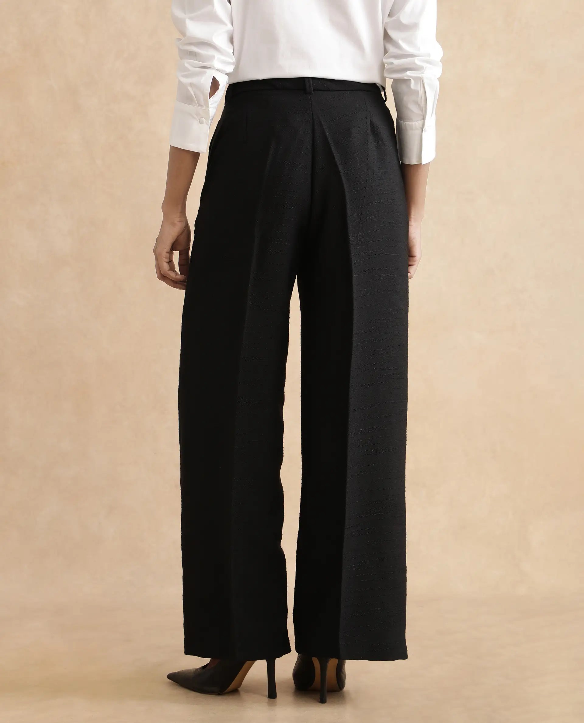 Rareism Women's Pidet-B-Black Satin Plain Ankle Length Wide Trouser