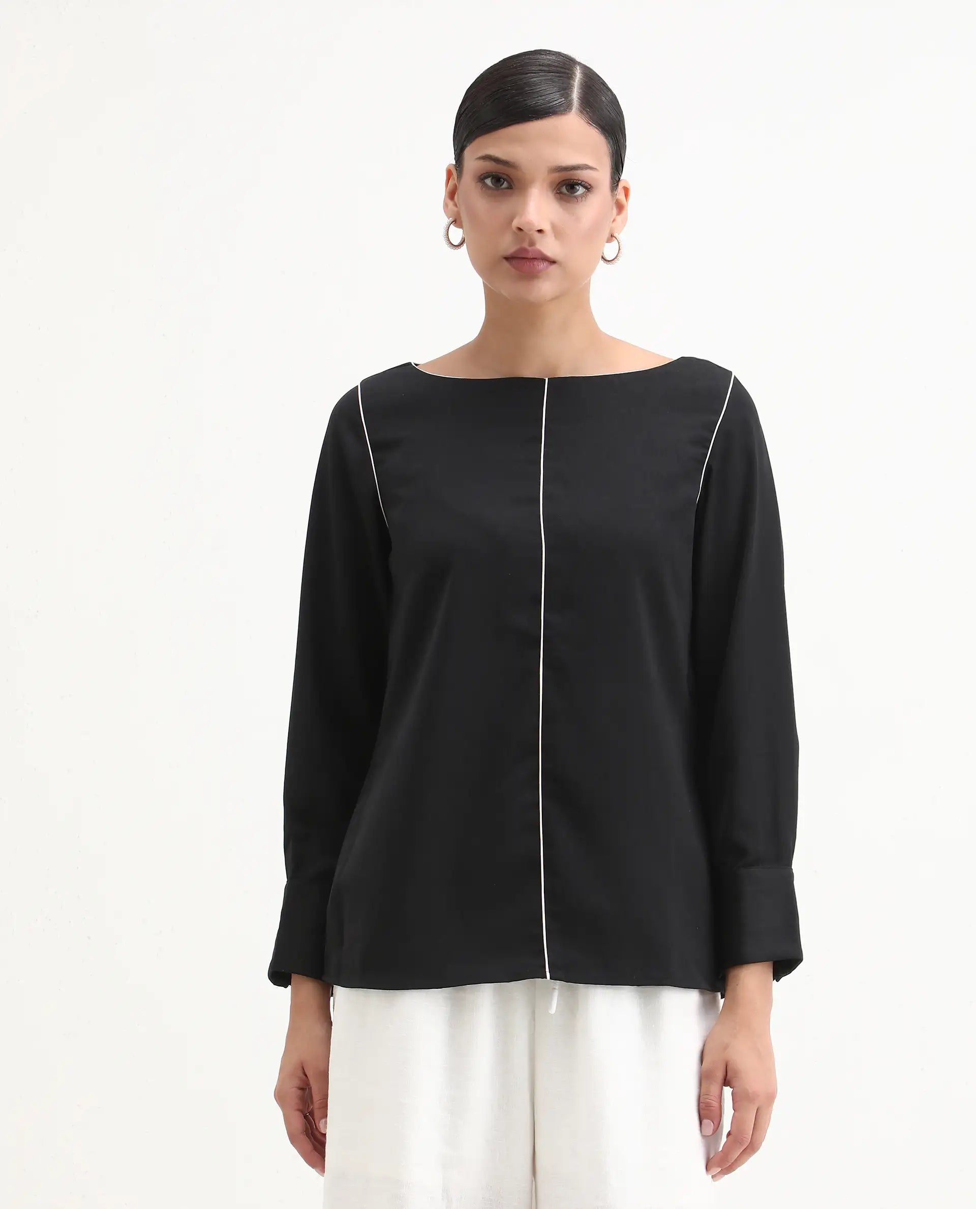 Rareism Women's Pidet Black Satin Boat Neck Plain Cuffed Sleeve Regular Fit Top