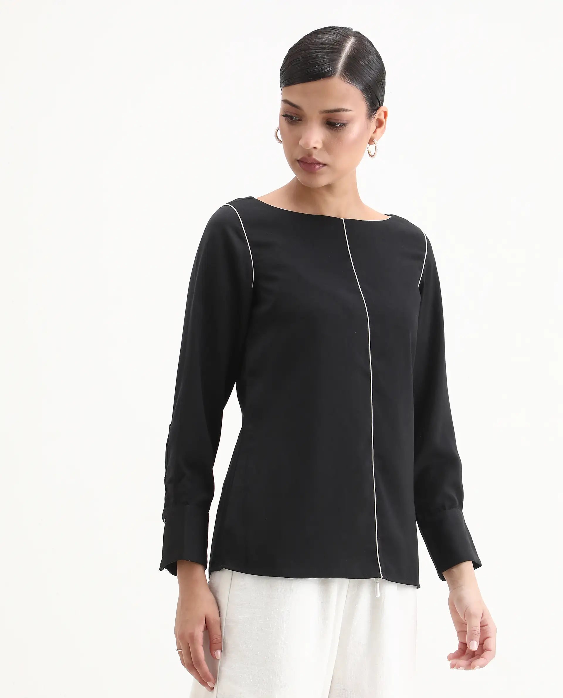 Rareism Women's Pidet Black Satin Boat Neck Plain Cuffed Sleeve Regular Fit Top