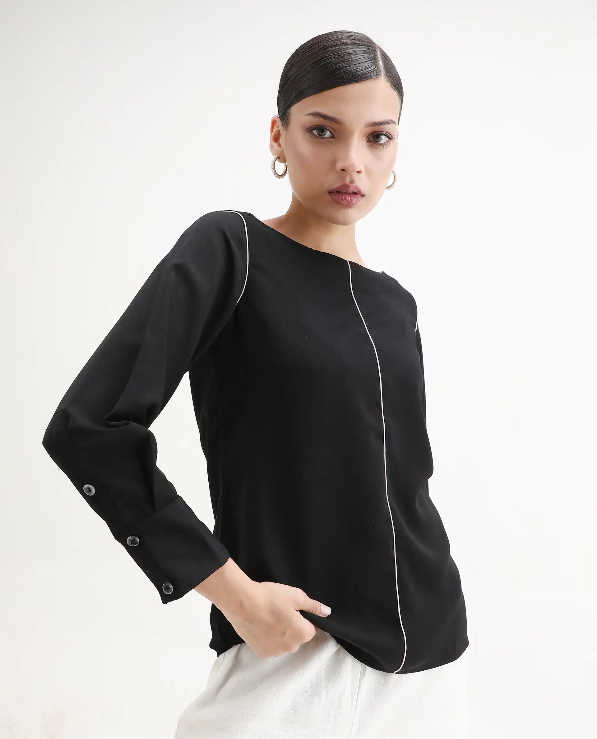 Rareism Women's Pidet Black Satin Boat Neck Plain Cuffed Sleeve Regular Fit Top