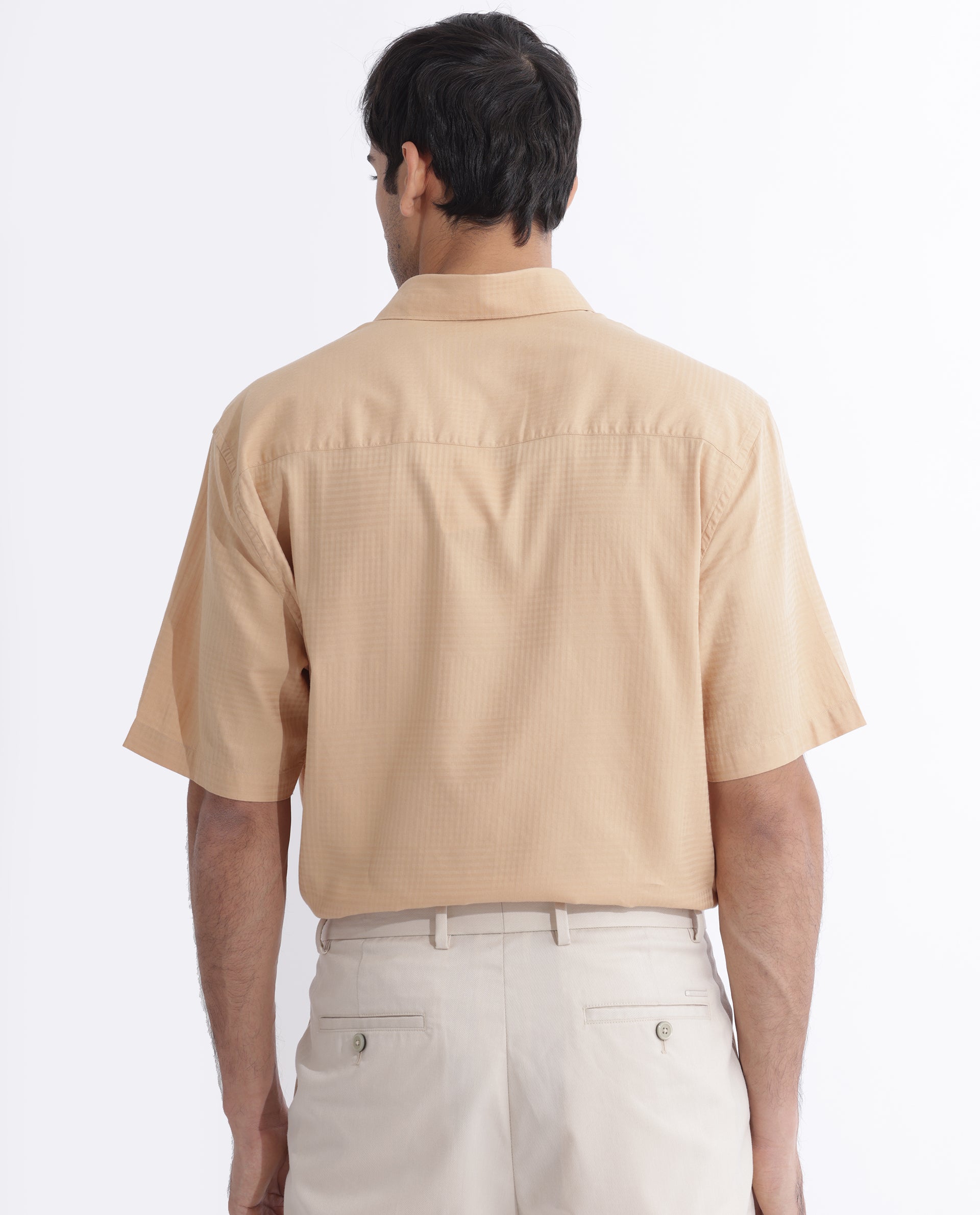 Rare Rabbit Men's Pied Beige Cotton Lyocell Fabric Half Sleeves Gingham Checks Shirt