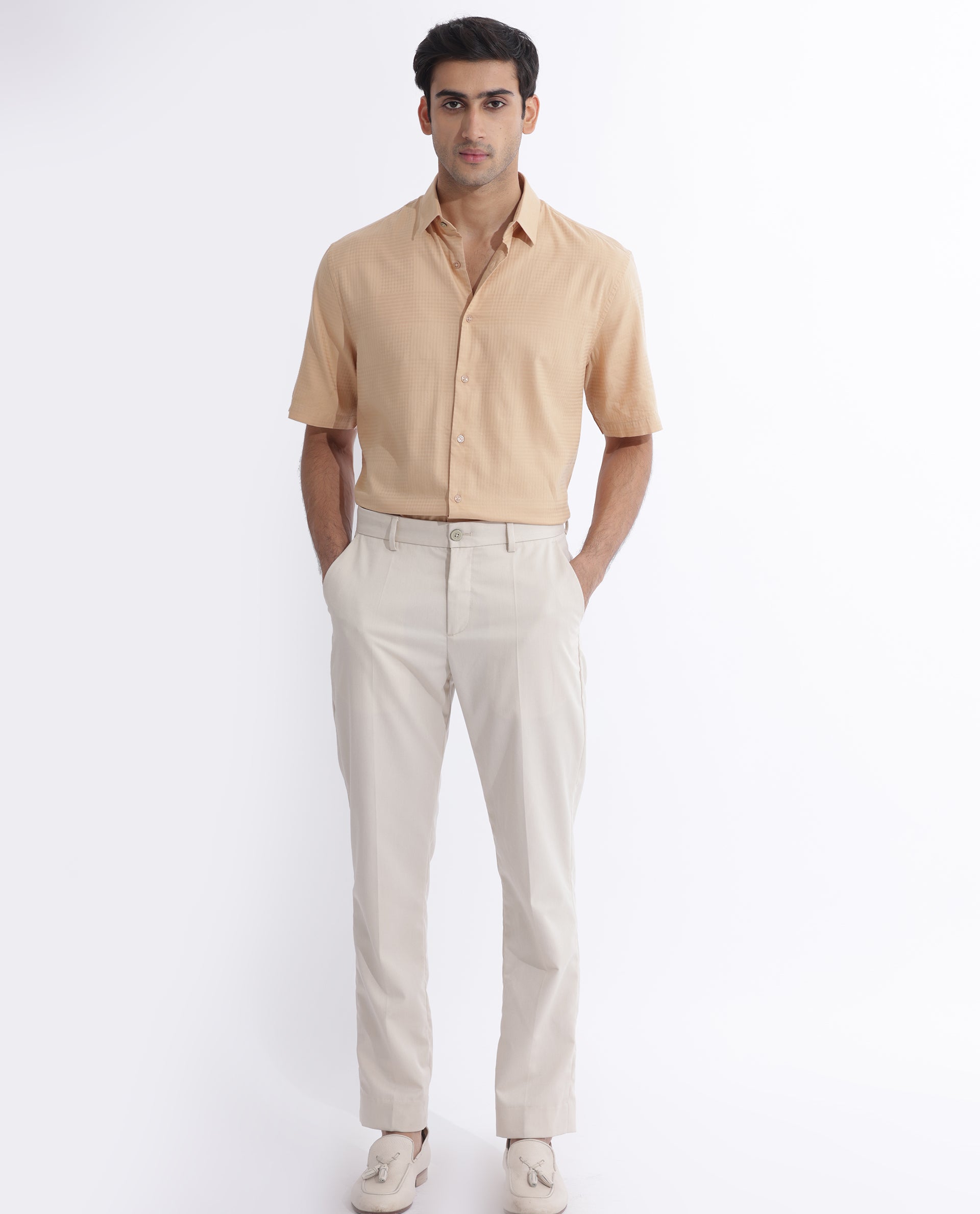 Rare Rabbit Men's Pied Beige Cotton Lyocell Fabric Half Sleeves Gingham Checks Shirt